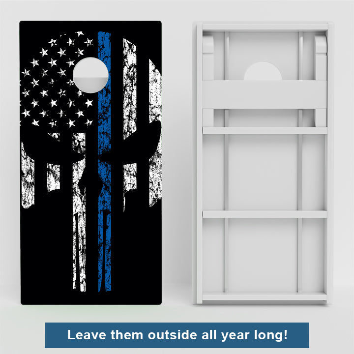 Blue Line Punisher Skull Weather Proof Cornhole Boards