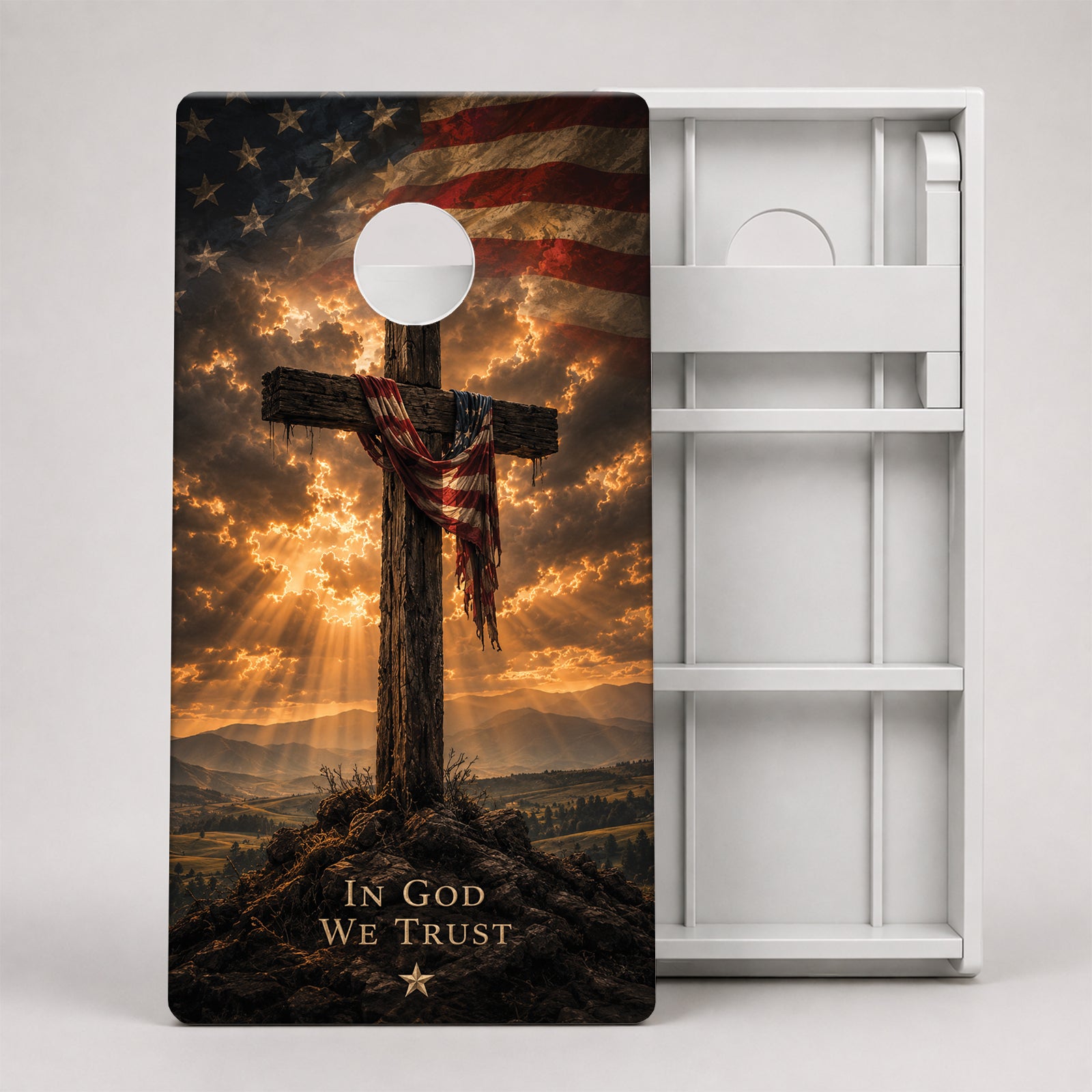 Weather Proof American Flag Cross Cornhole Board.