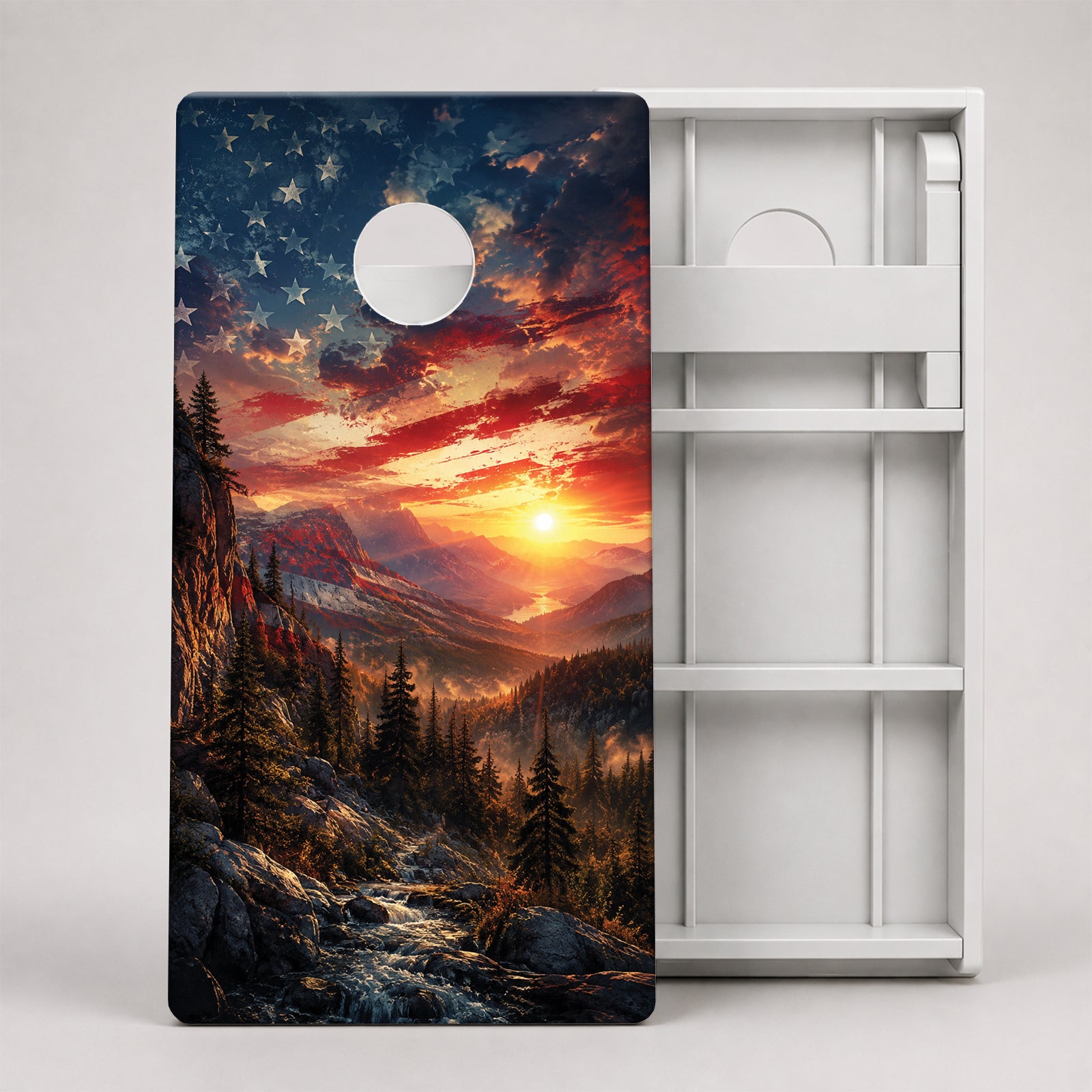 Weather Proof American Flag Mountains Cornhole Board.