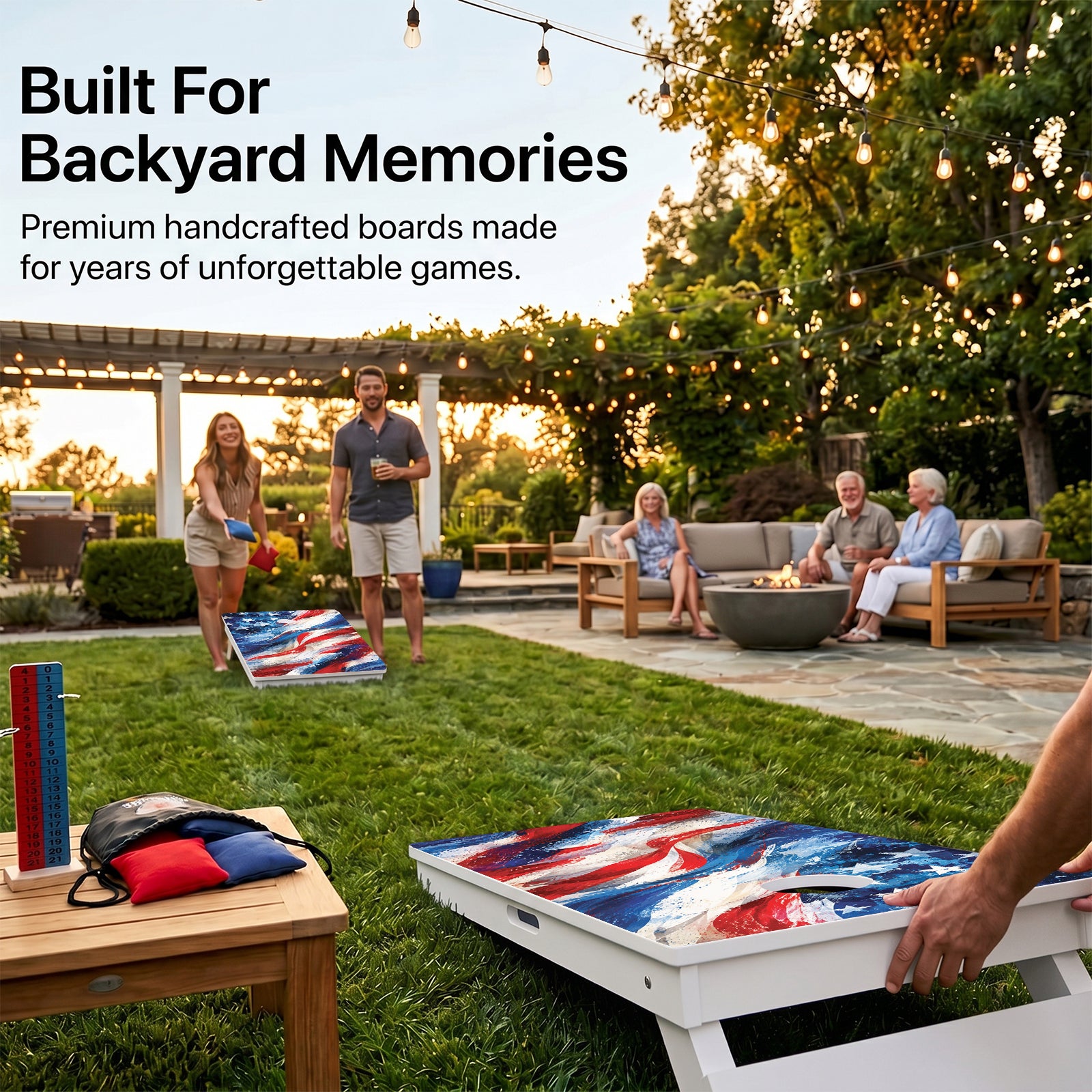 Backyard Cornhole Game Using Weather Proof American Flag Board.