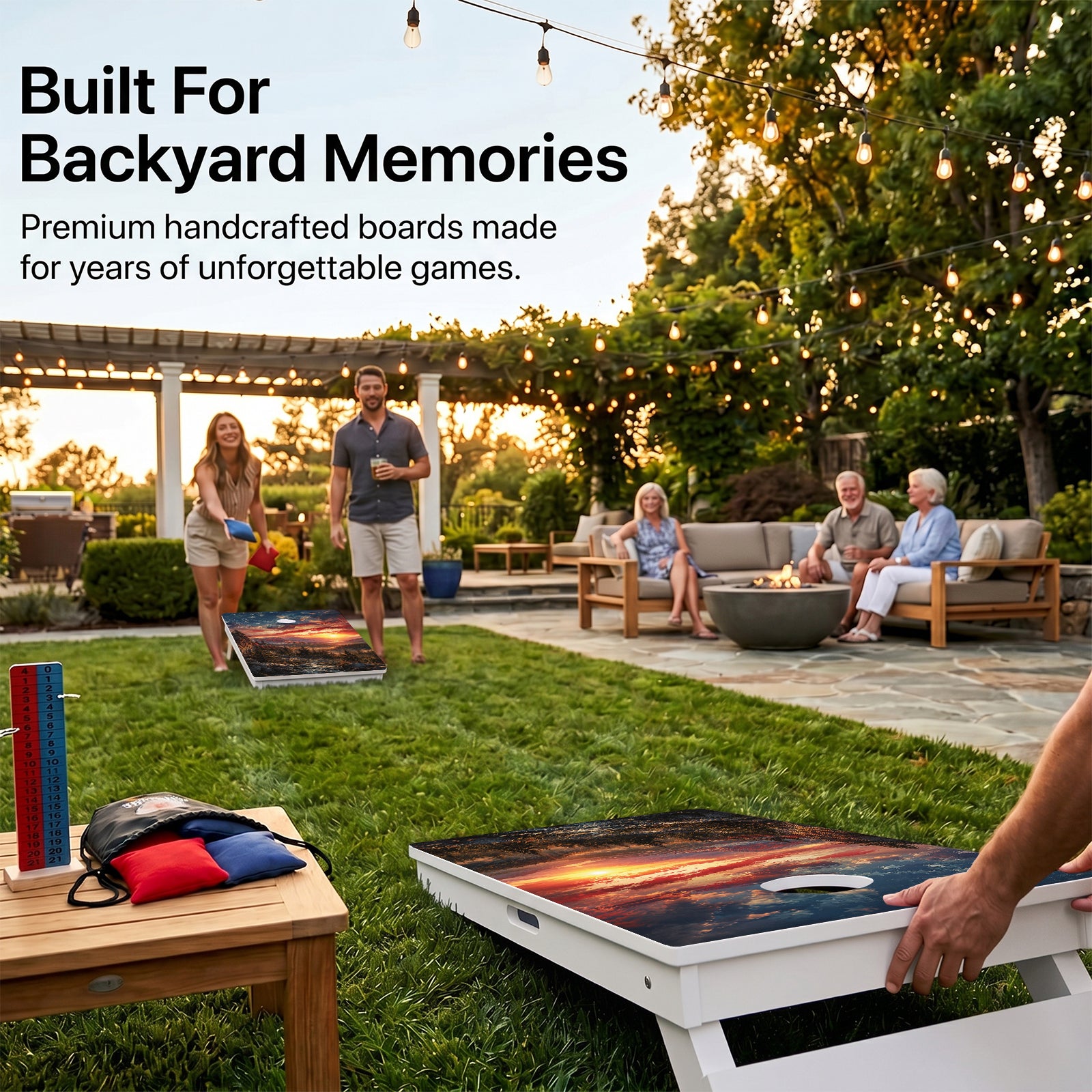 Backyard Cornhole Game Using Weather Proof American Flag Mountains Board.