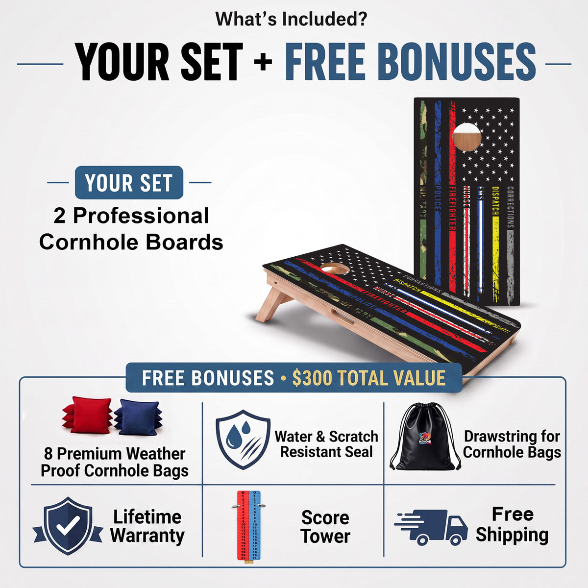 First Responder Professional cornhole board set and included free bonus accessories.