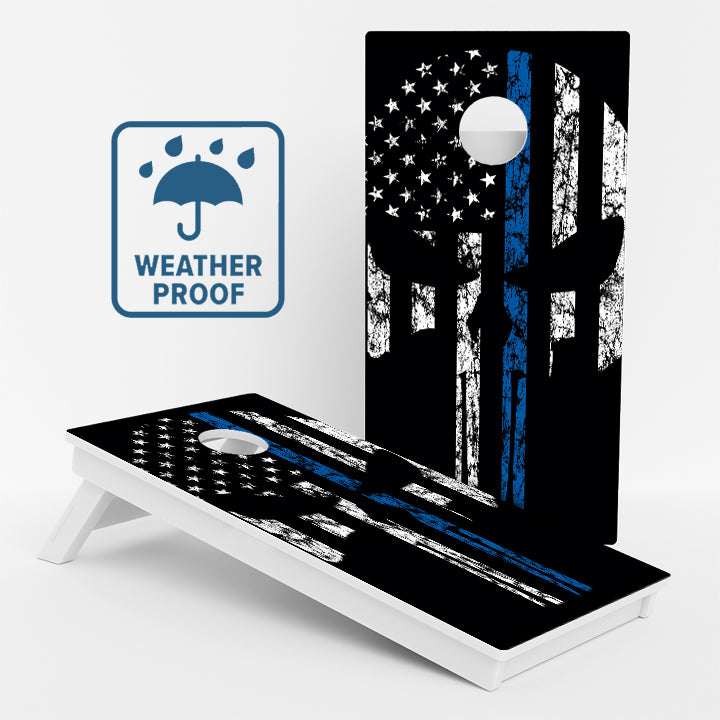 Blue Line Punisher Skull Weather Proof Cornhole Boards