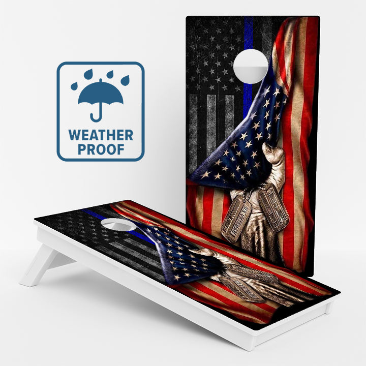Pulled Blue Line American Flag Weather Proof Cornhole Boards