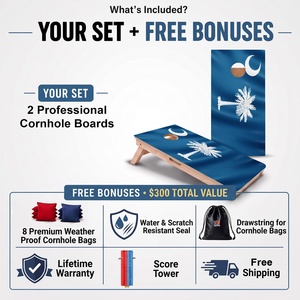 South Carolina Flag Professional cornhole board set and included free bonus accessories.