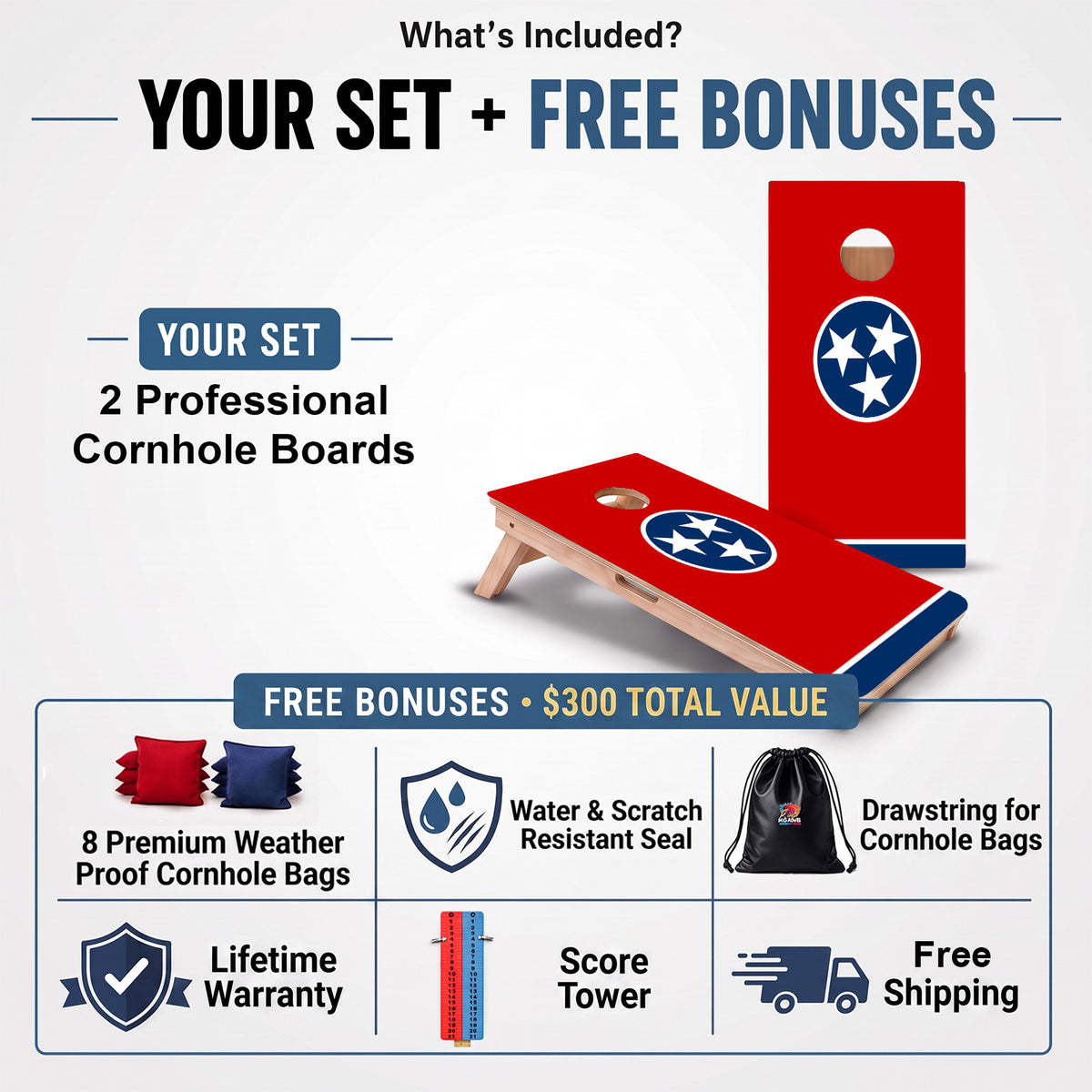 Tennessee Flag Professional cornhole board set and included free bonus accessories.