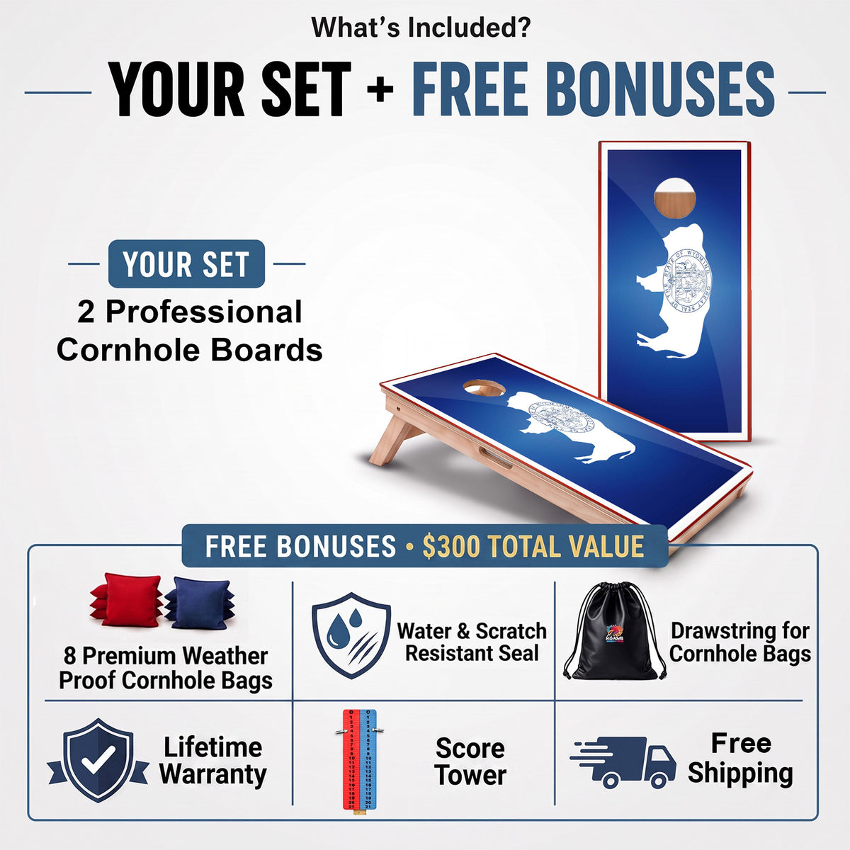 Wyoming Flag Professional cornhole board set and included free bonus accessories.