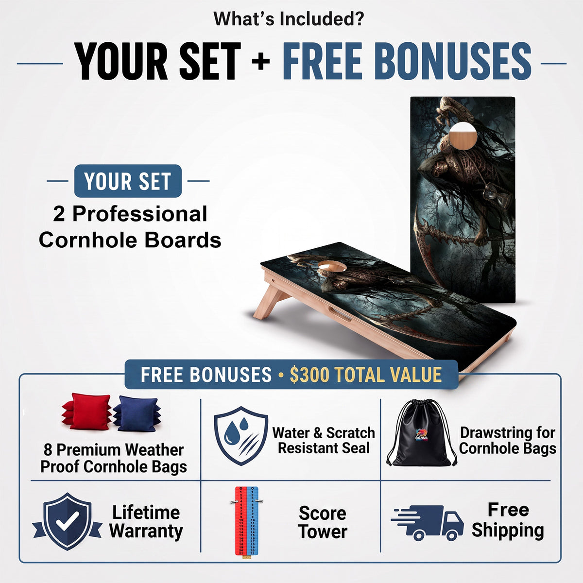 Grim Reaper Professional cornhole board set and included free bonus accessories.