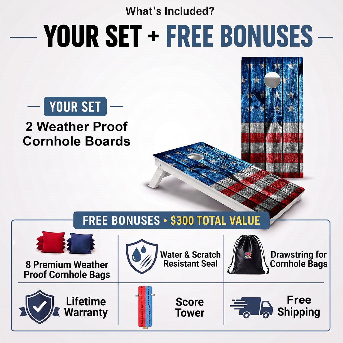 Wooden Panel American Flag Weather Proof Cornhole Boards
