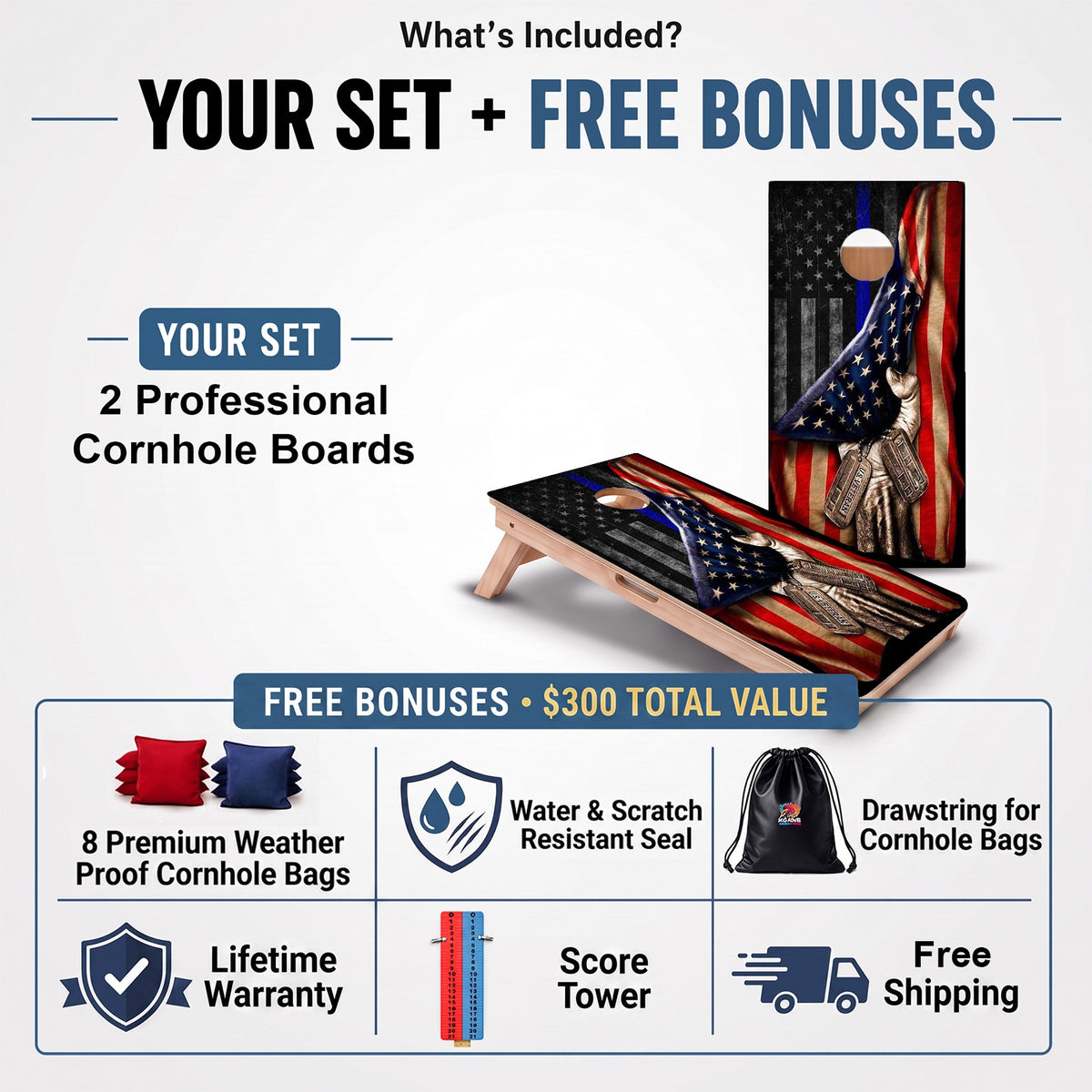 Pulled Blue Line American Flag Professional cornhole board set and included free bonus accessories.