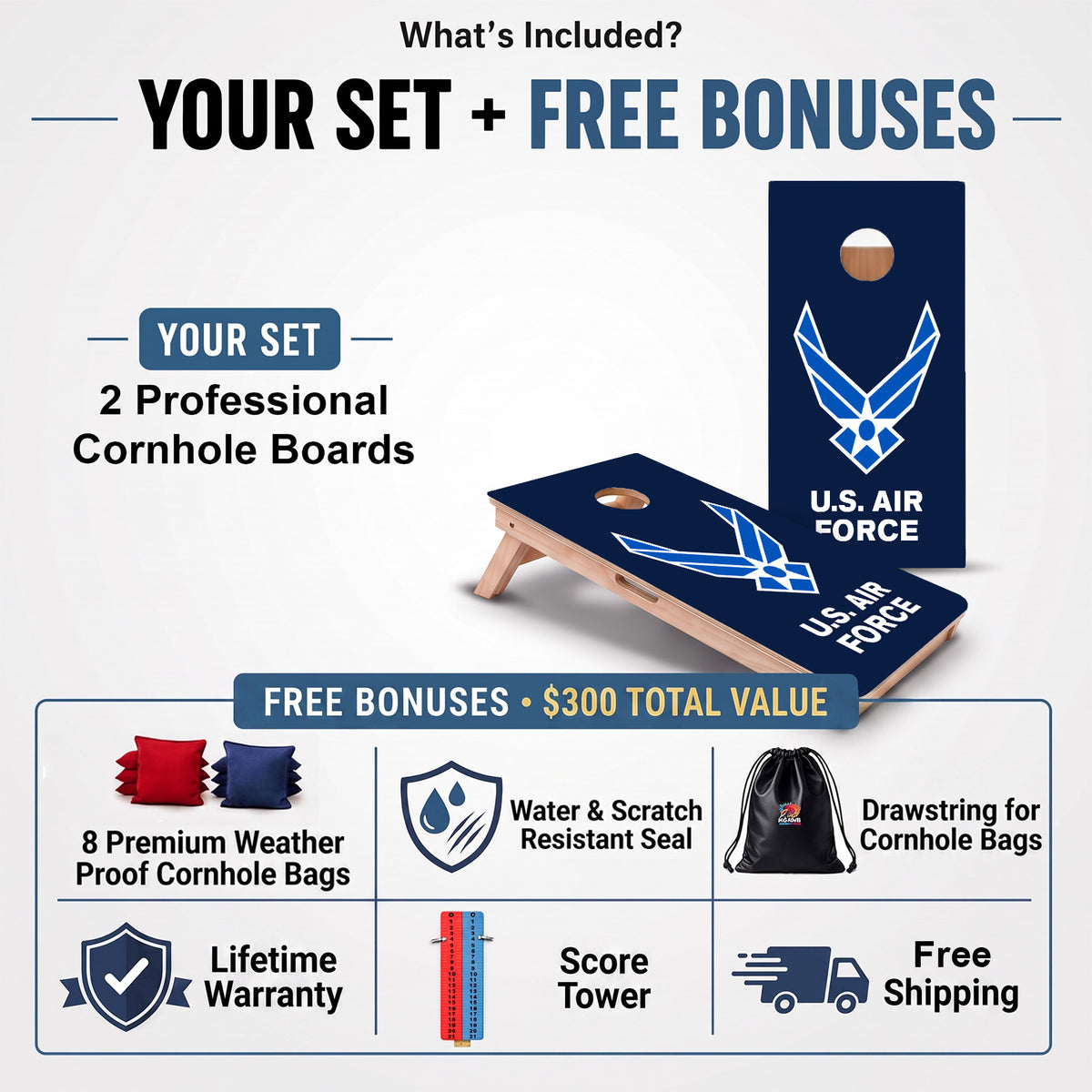 U.S Airforce Professional cornhole board set and included free bonus accessories.