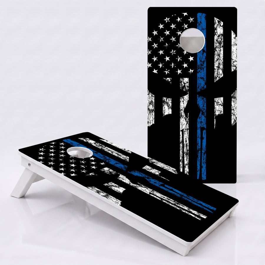 Blue Line Punisher Skull Weather Proof Cornhole Boards