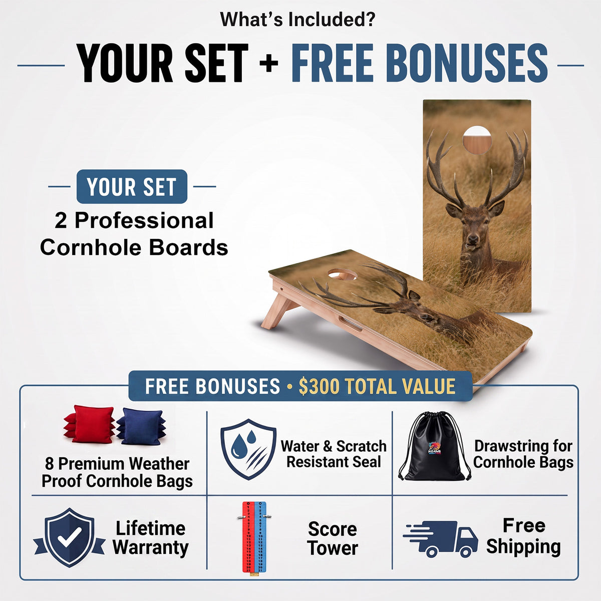 Deer Professional cornhole board set and included free bonus accessories.
