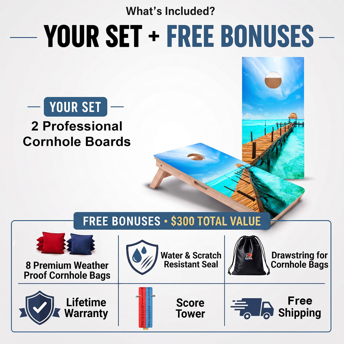 Beach Paradise Professional cornhole board set and included free bonus accessories.