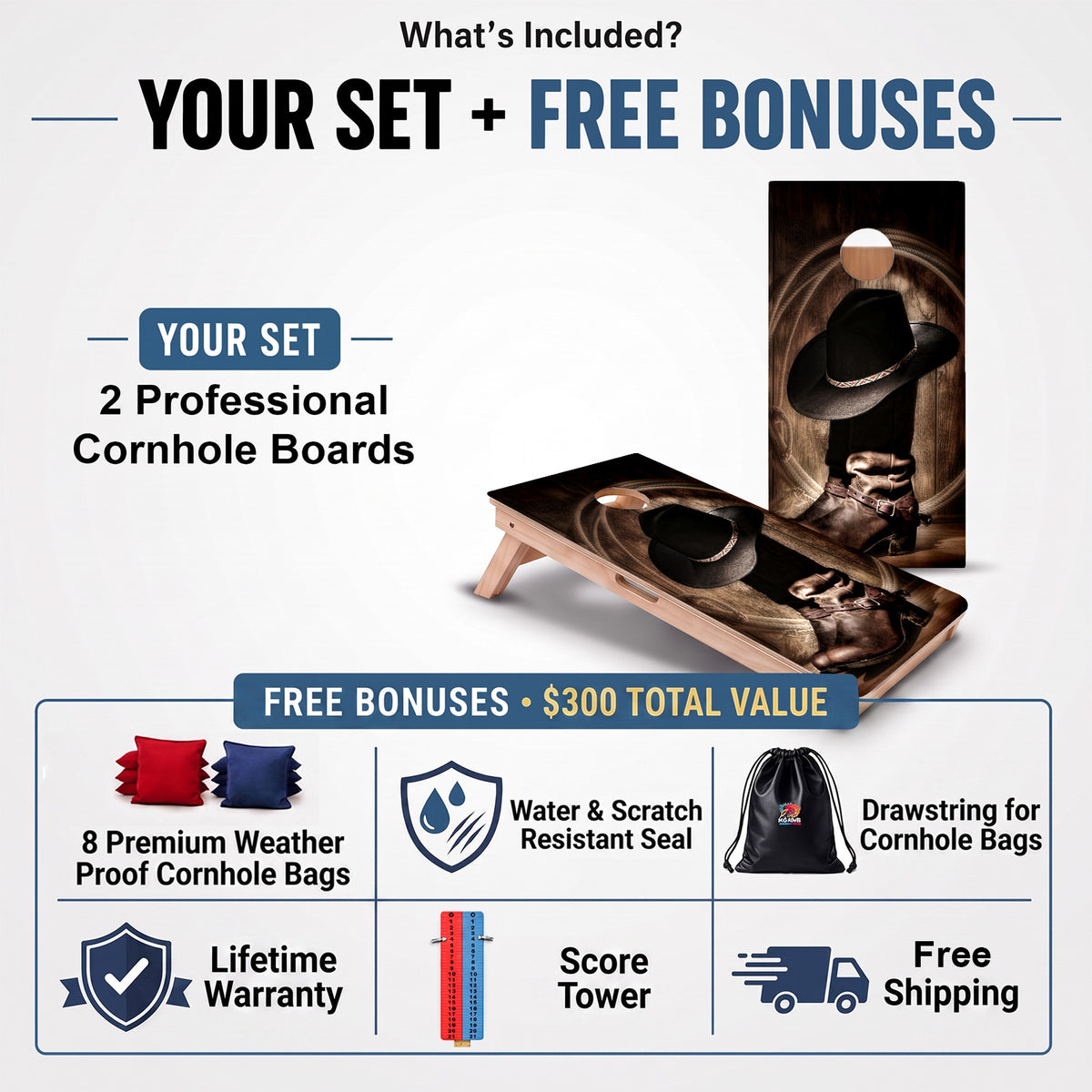 Country Living Professional cornhole board set and included free bonus accessories.