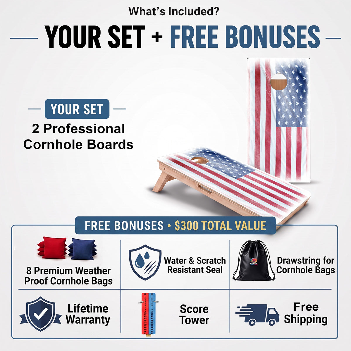 Murky American Flag Professional cornhole board set and included free bonus accessories.