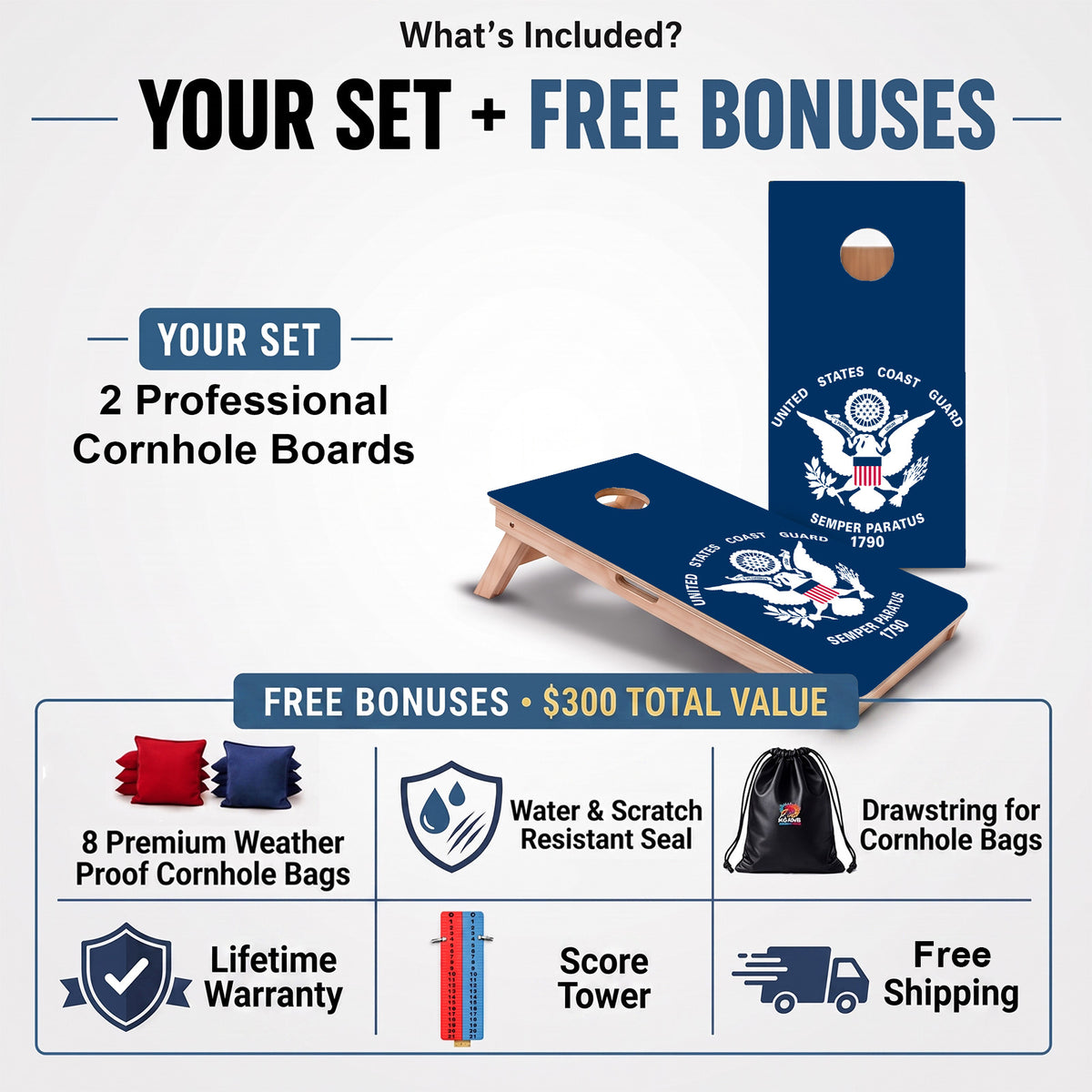 US Coast Guard Professional cornhole board set and included free bonus accessories.