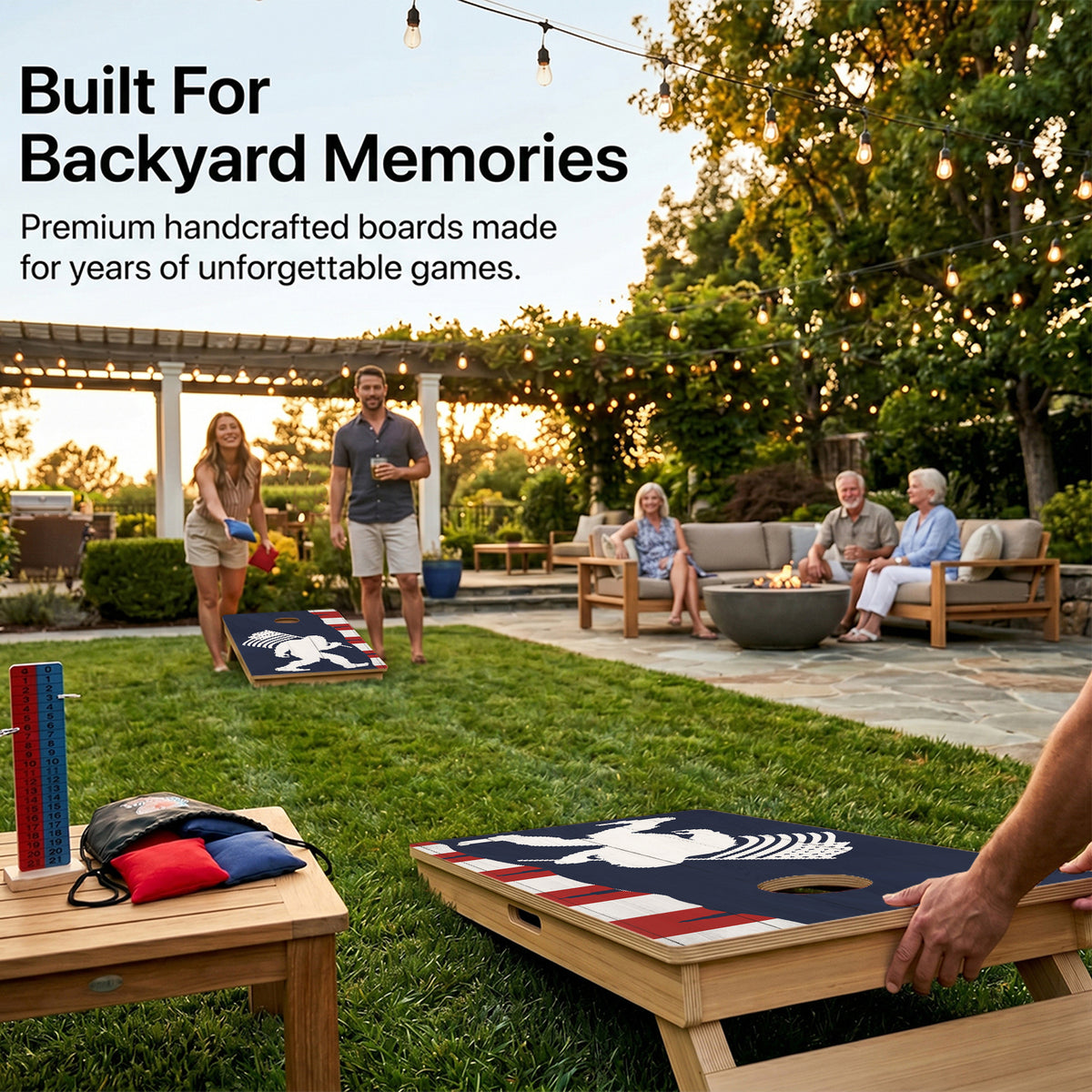 Backyard Cornhole Game Using Cornhole Patriotic Sasquatch Board.
