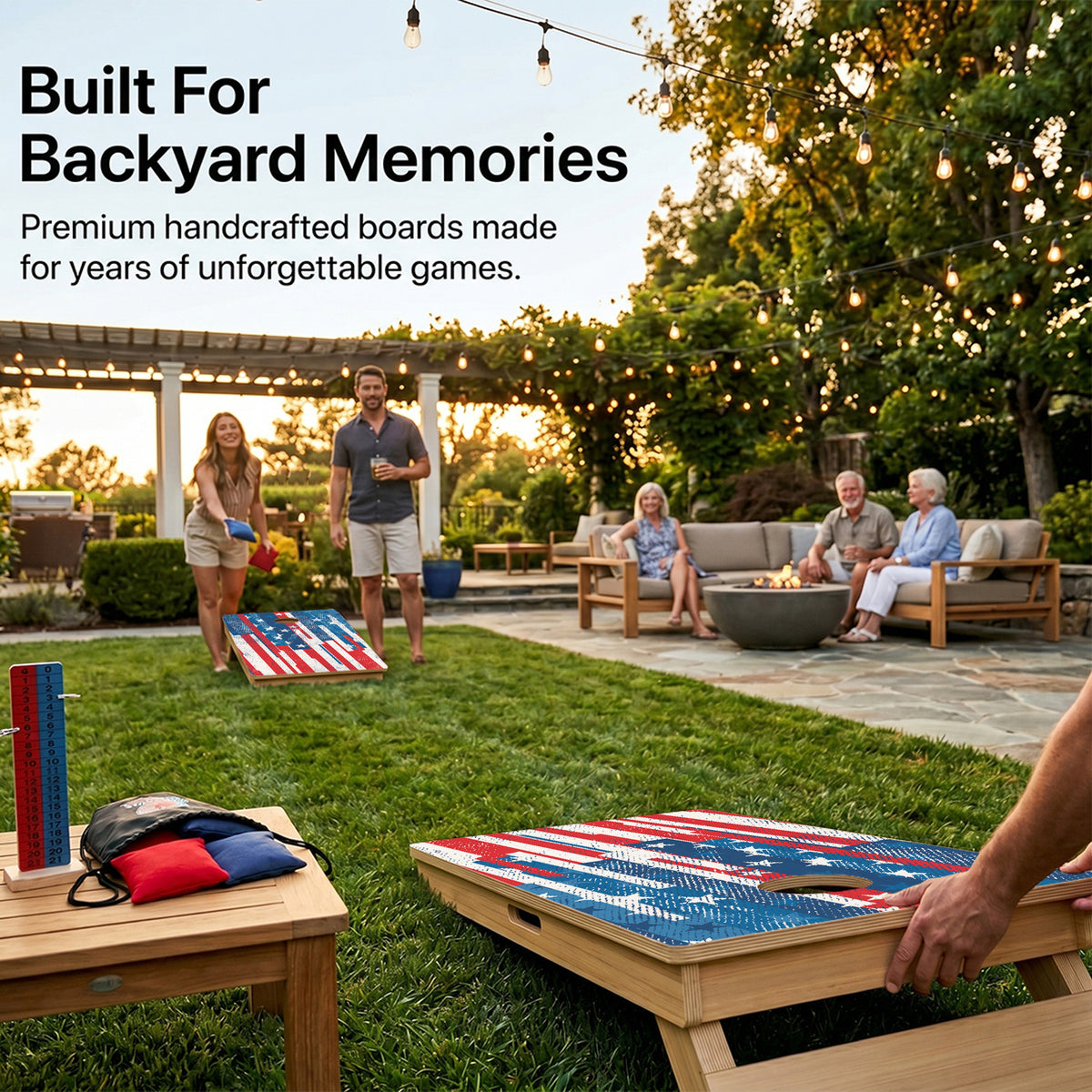 Backyard Cornhole Game Using American Flag Professional Board.