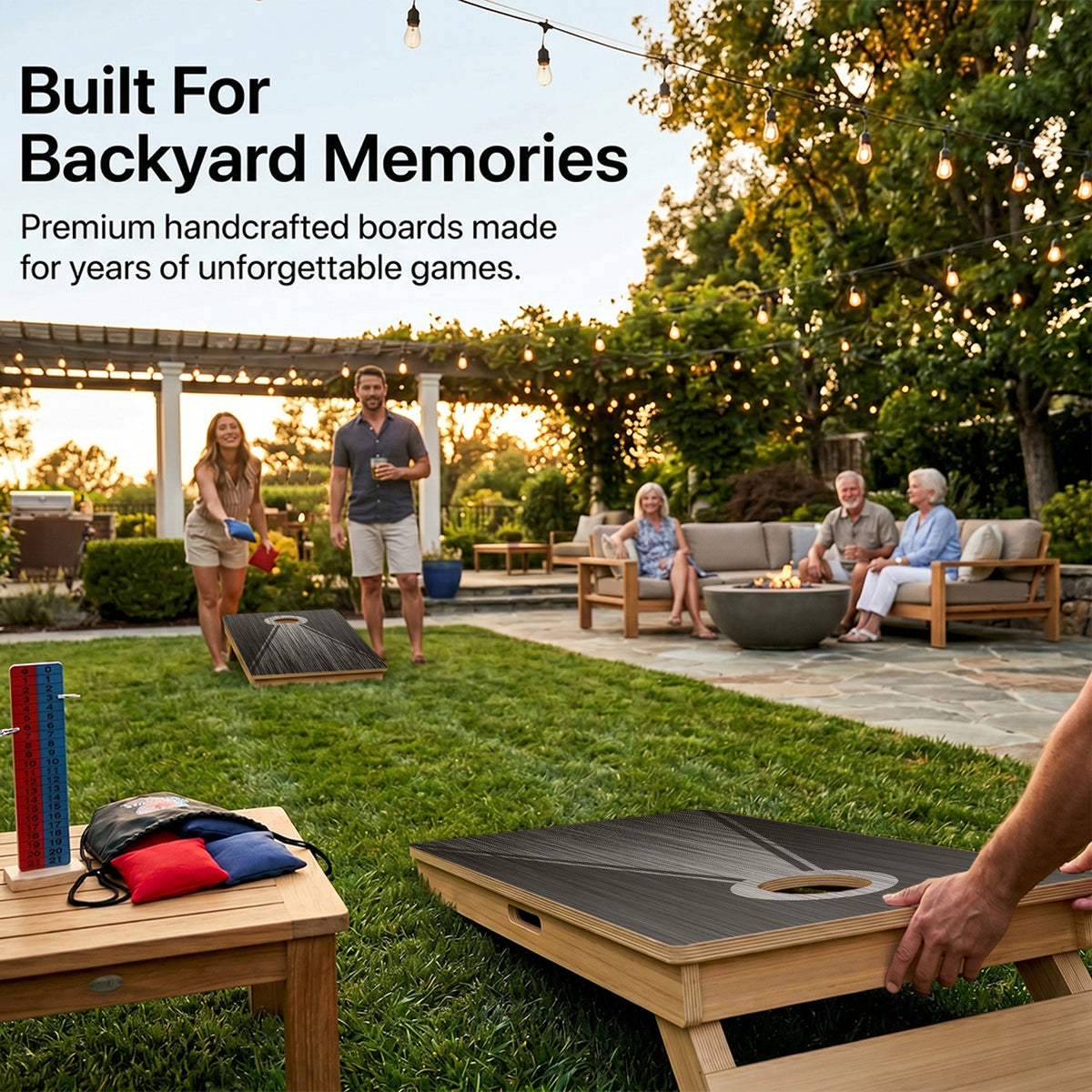 Backyard Cornhole Game Using Cornhole Wood Grain Board.