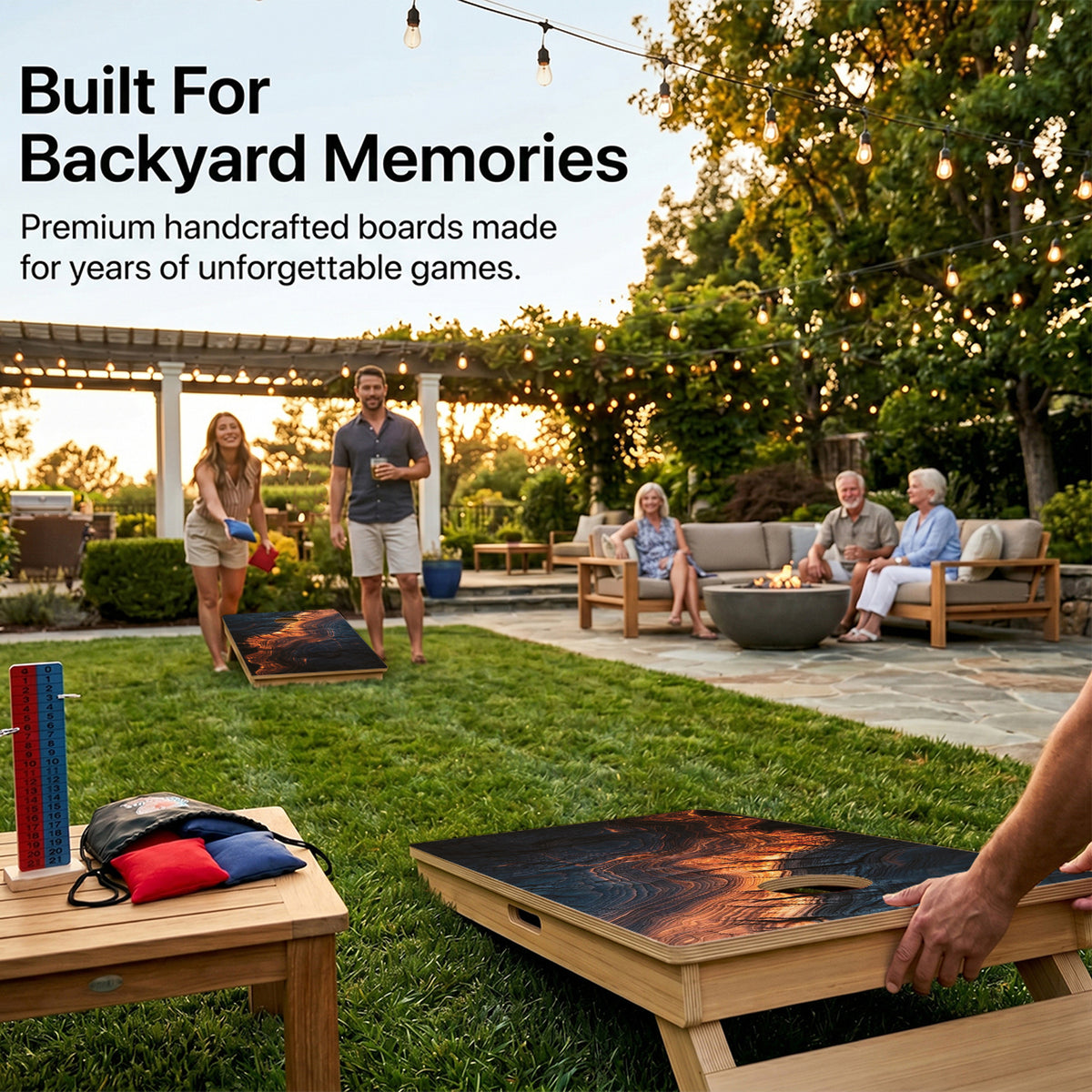 Backyard Cornhole Game Using Wood Grain Professional Board.