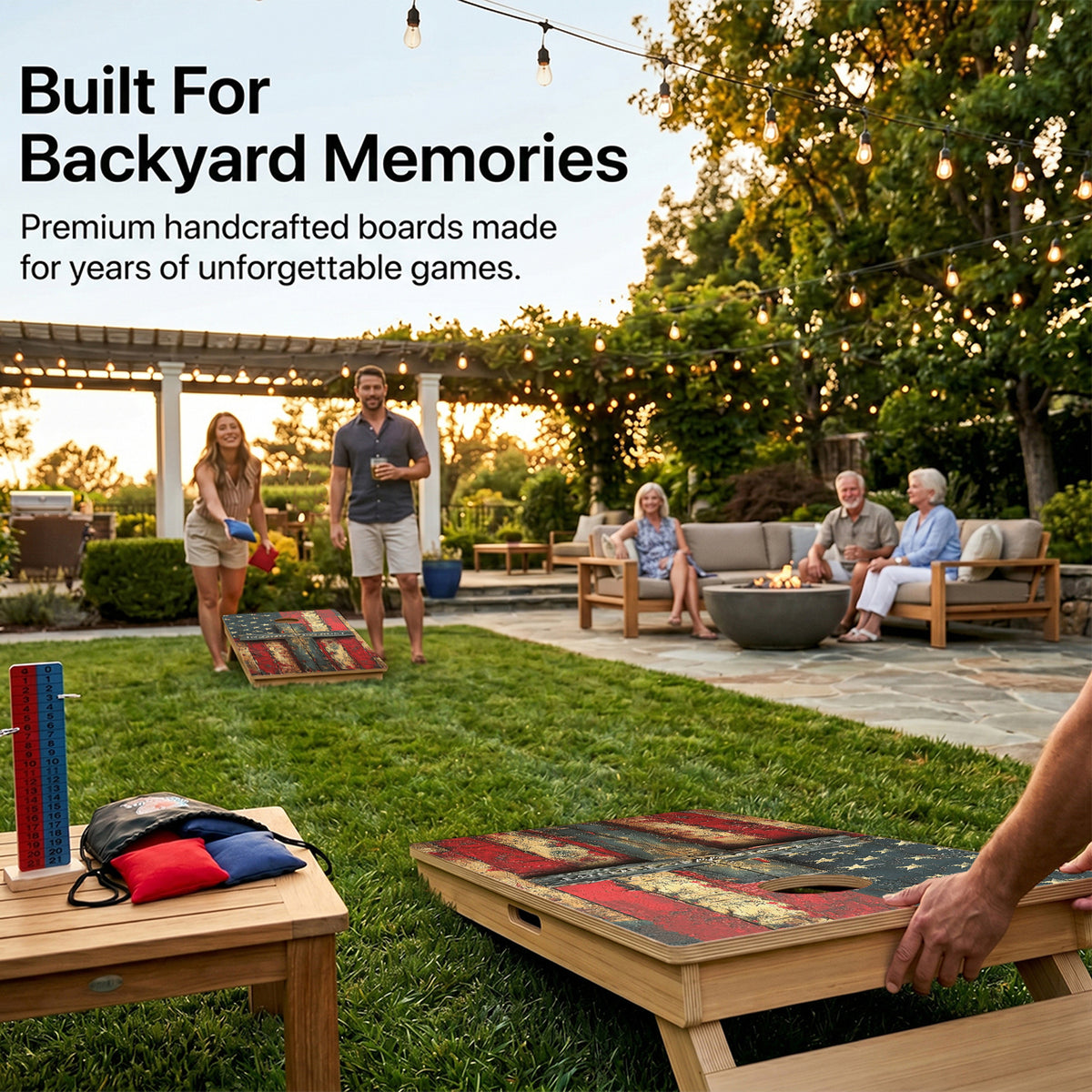 Backyard Cornhole Game Using American Flag Cross Professional Board.