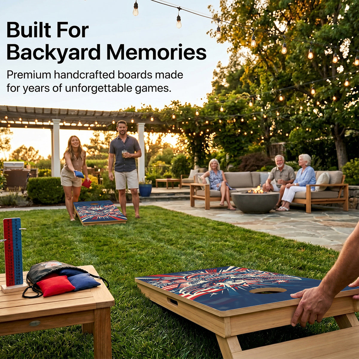 Backyard Cornhole Game Using Americas 250th Anniversary Professional Board.