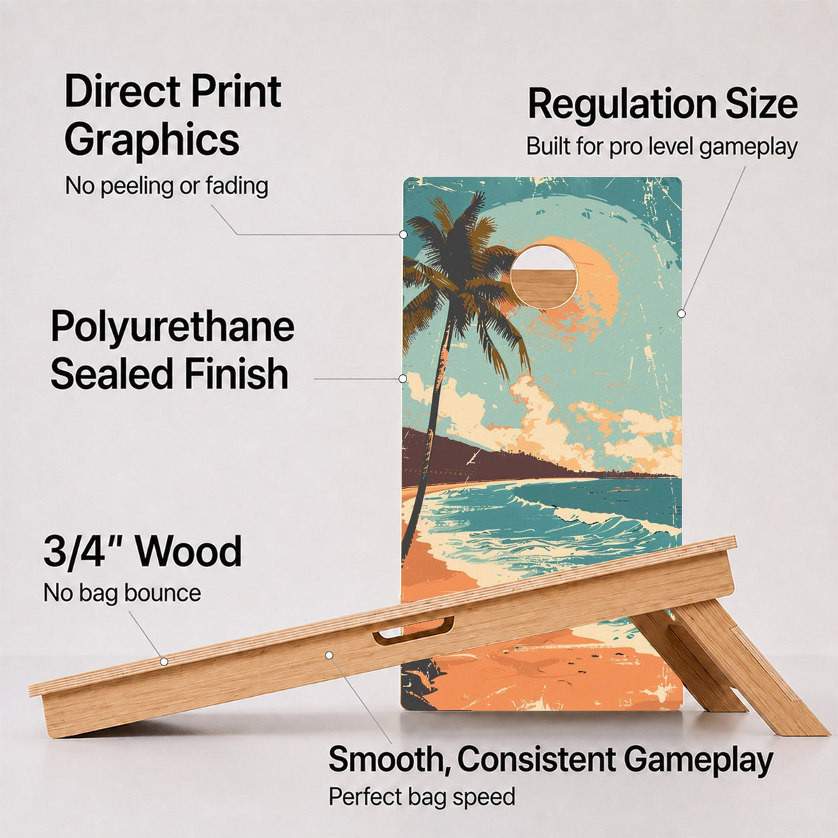 A cornhole Beach Paradise board with feature callouts on a light gray background.