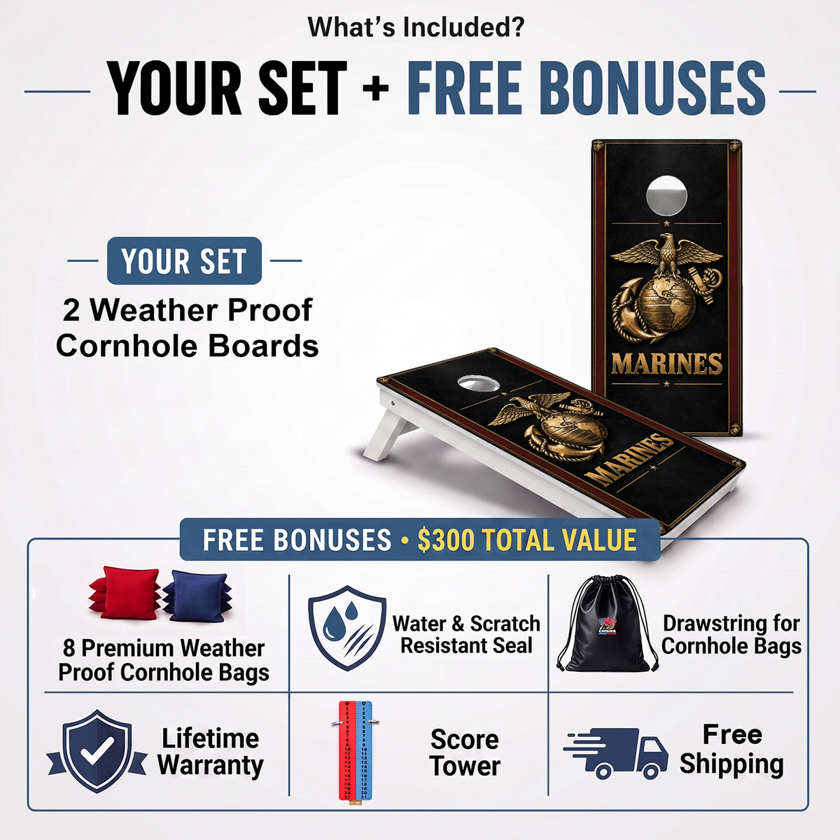 Marines Black and Gold Weather Proof Cornhole Boards
