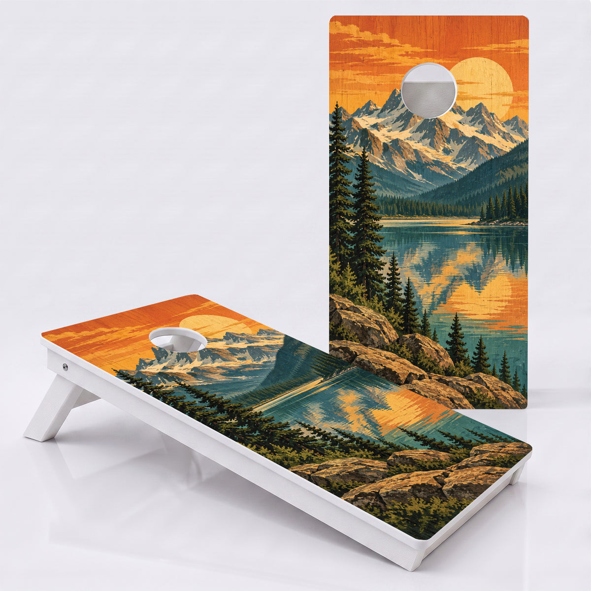 Alpine Lake Sunset Weather Proof Cornhole Boards