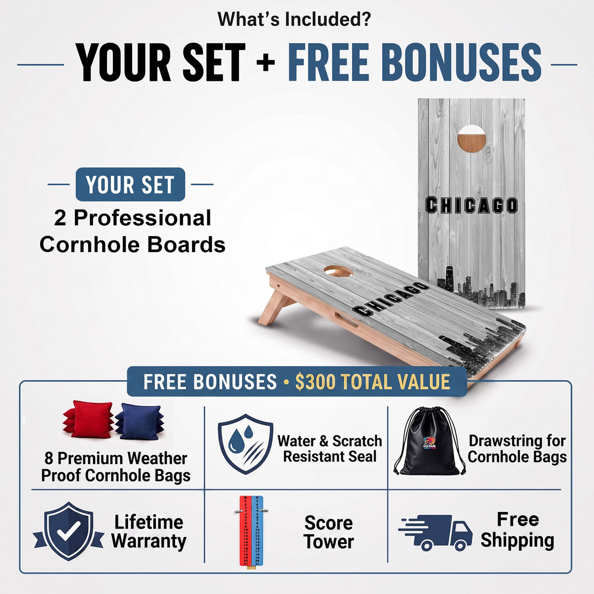 Chicago Black & White City Baseball Professional cornhole board set and included free bonus accessories.