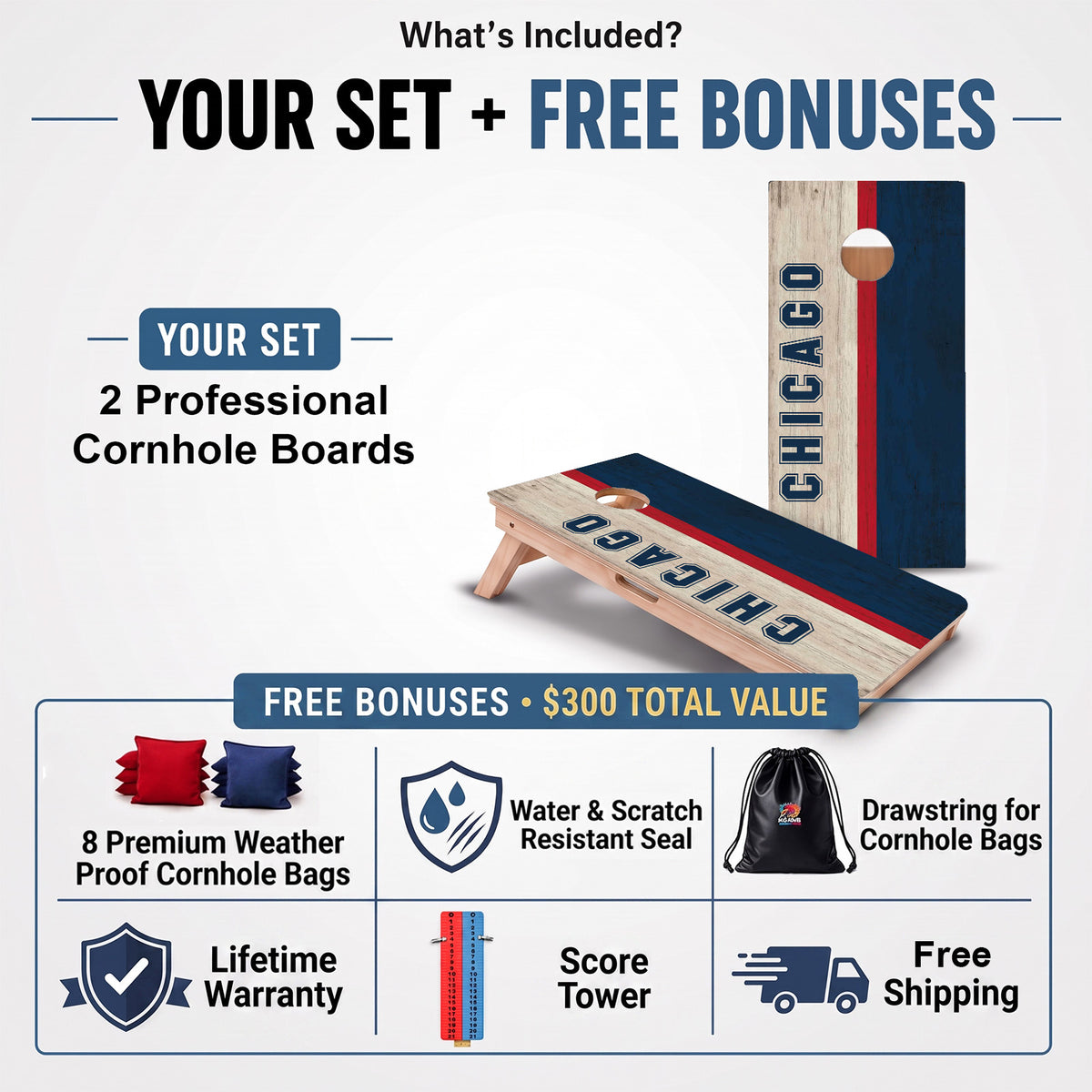Chicago Baseball Red White & Blue Professional cornhole board set and included free bonus accessories.