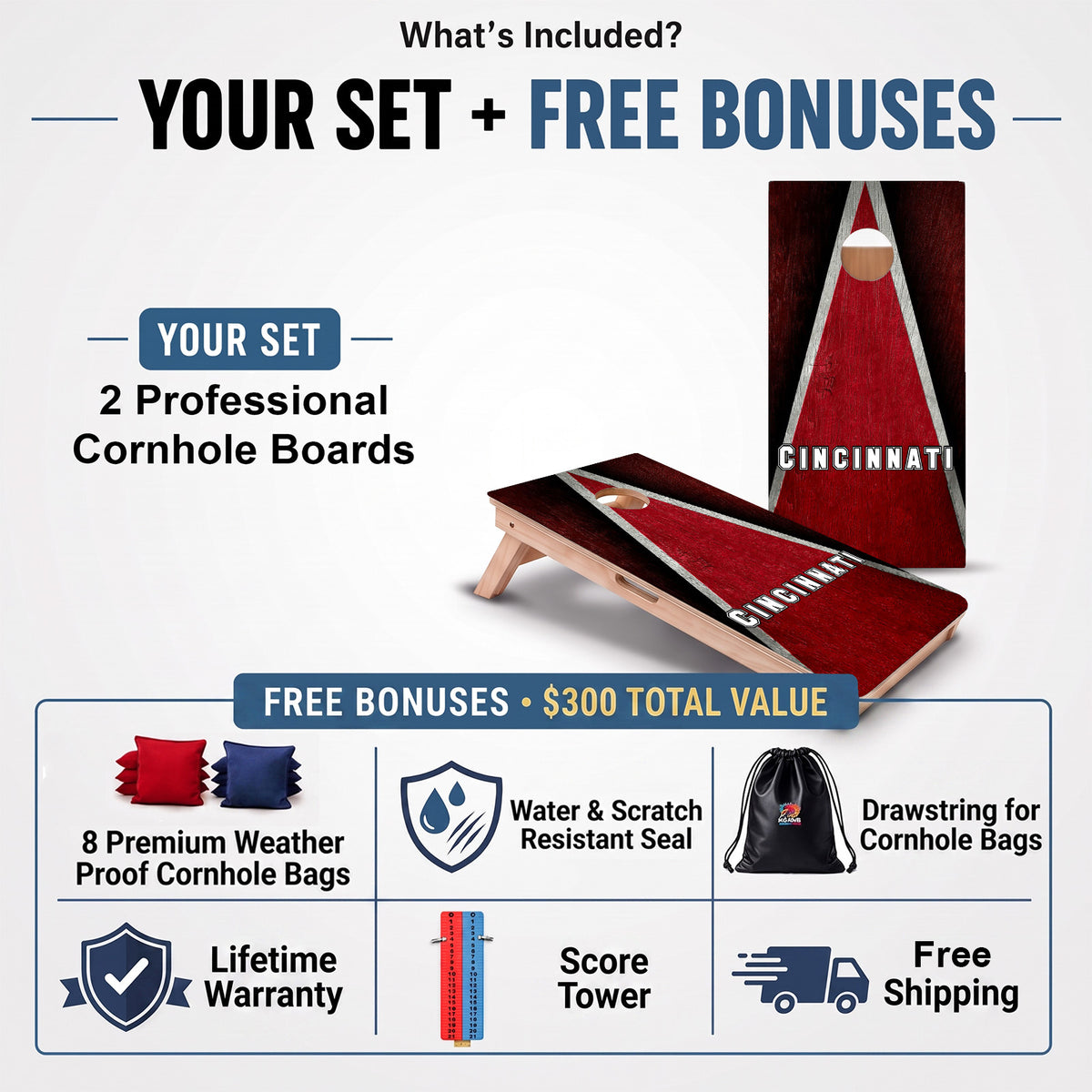 Cincinnati Baseball Professional cornhole board set and included free bonus accessories.