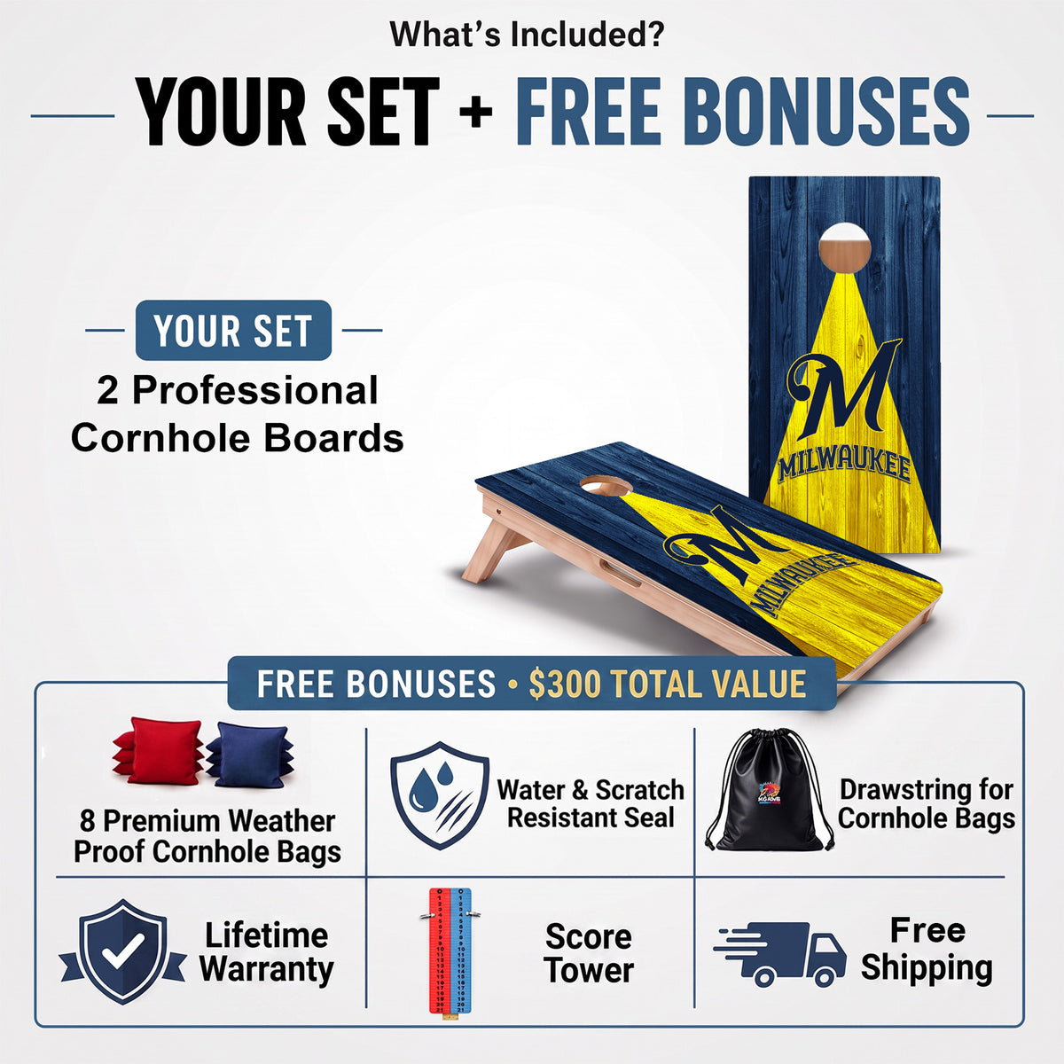 Milwaukee Baseball Professional cornhole board set and included free bonus accessories.