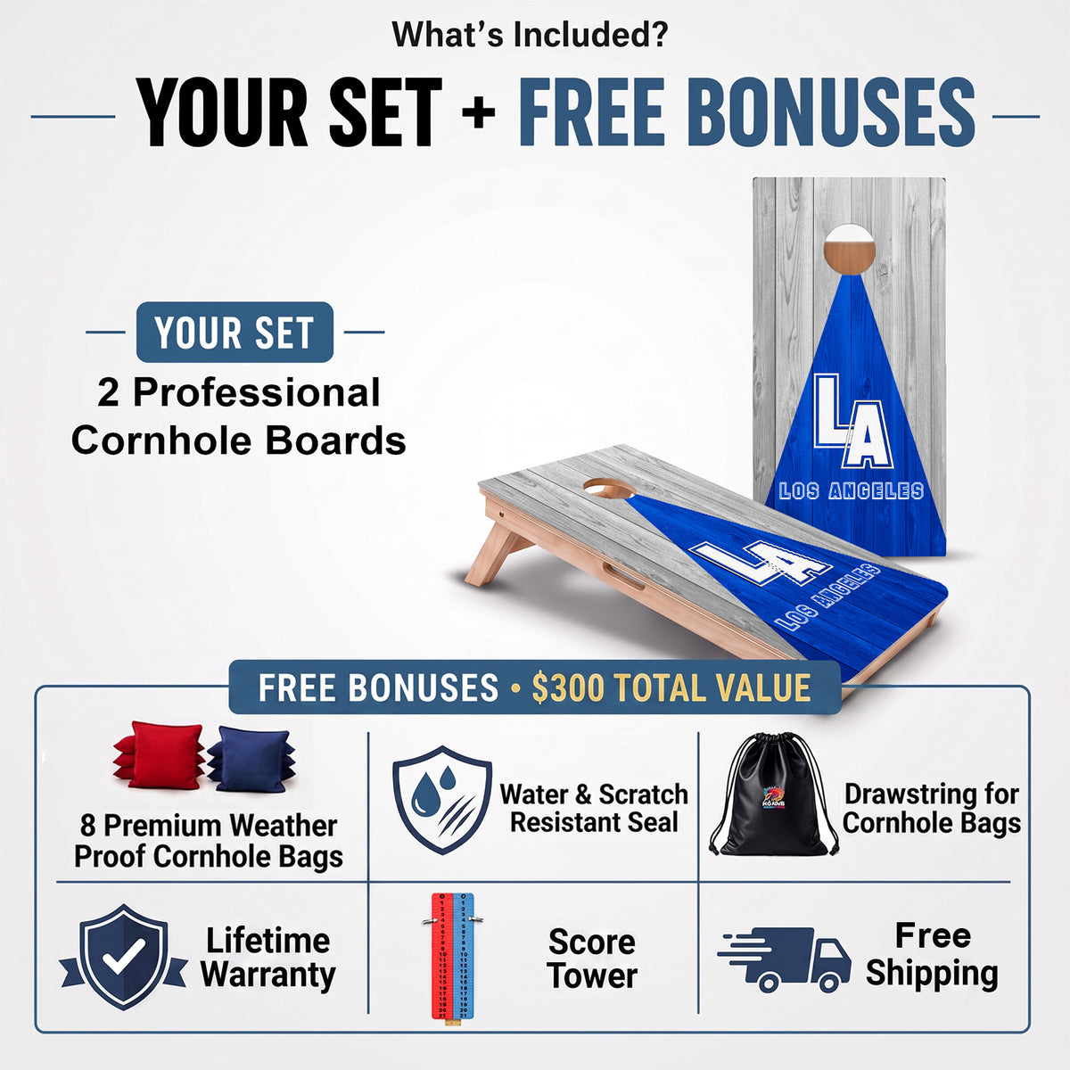 Los Angeles Baseball Professional cornhole board set and included free bonus accessories.