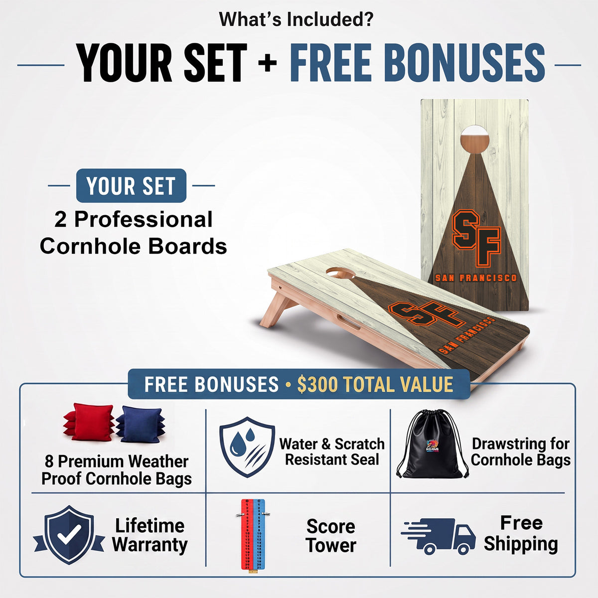 San Francisco Baseball Professional cornhole board set and included free bonus accessories.