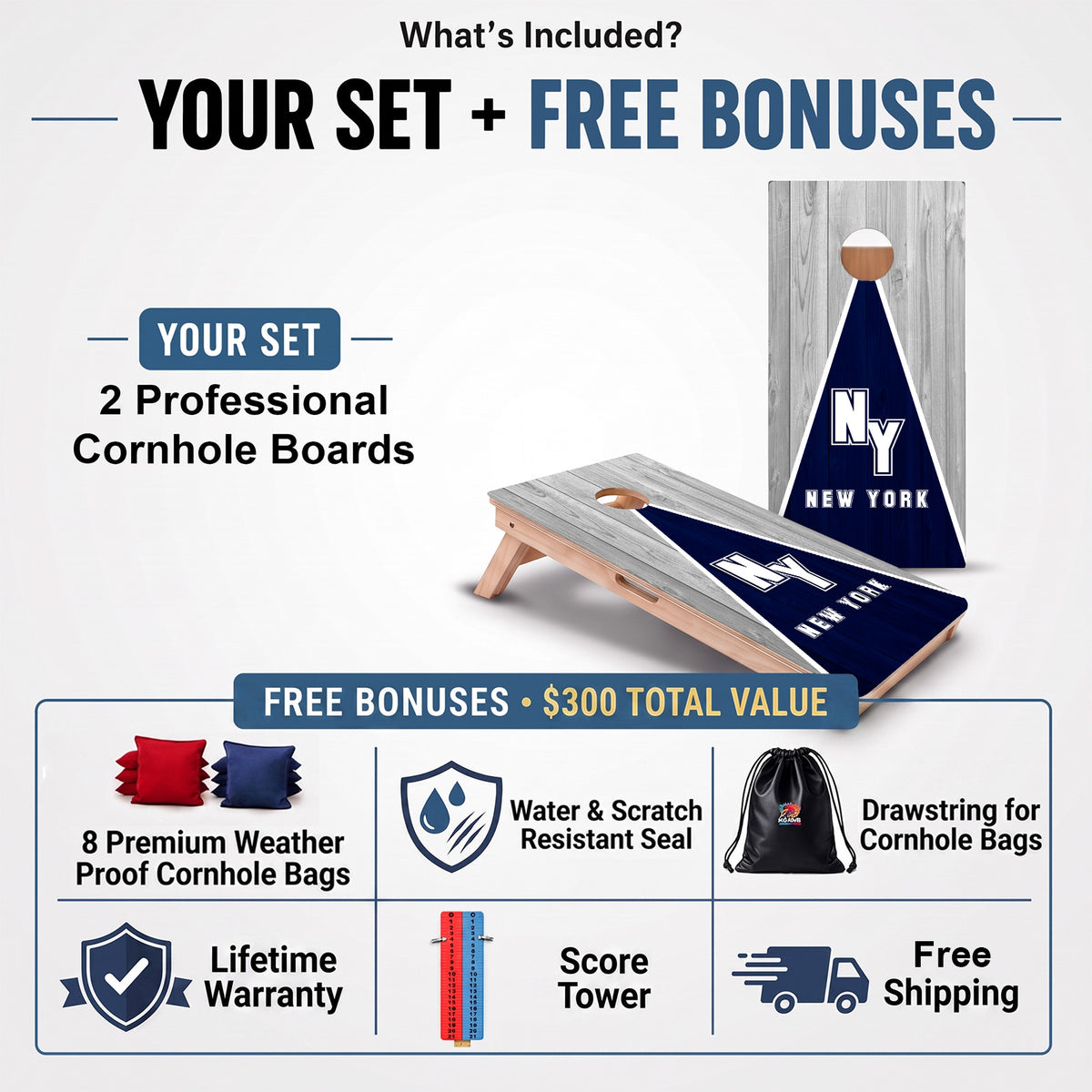 New York Baseball Professional cornhole board set and included free bonus accessories.