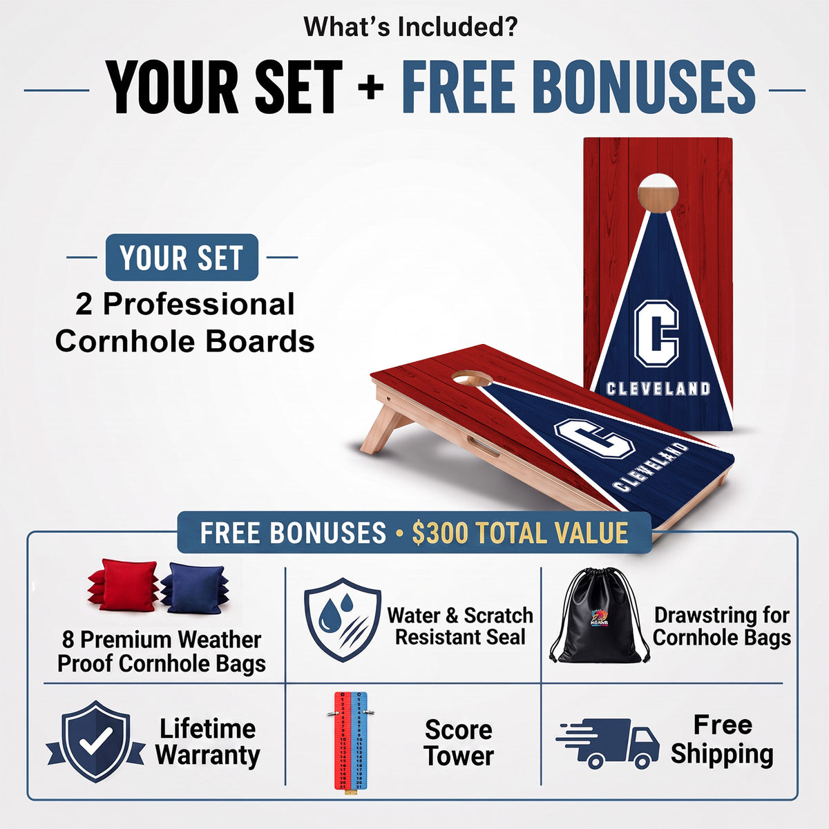 Cleveland Baseball Professional cornhole board set and included free bonus accessories.