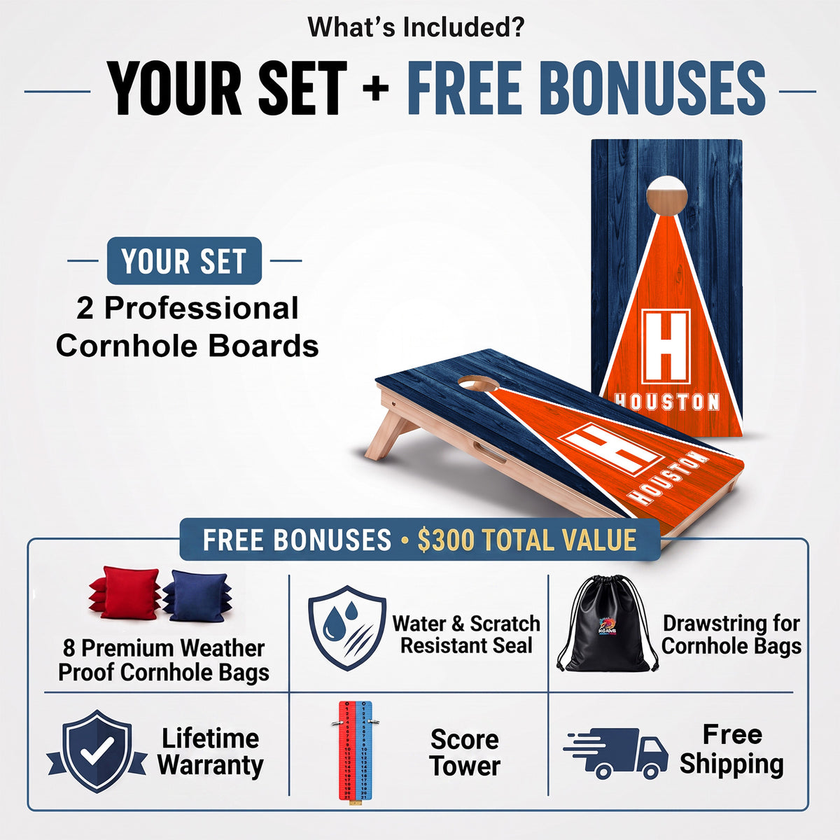 Houston Baseball Professional cornhole board set and included free bonus accessories.