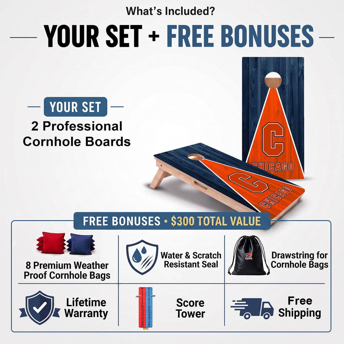 Chicago Football Professional cornhole board set and included free bonus accessories.