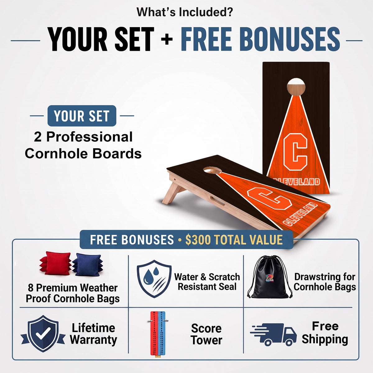 Cleveland Football Professional cornhole board set and included free bonus accessories.