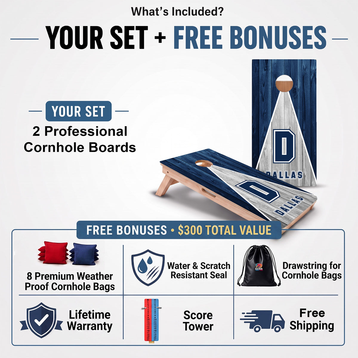 Dallas Football Professional cornhole board set and included free bonus accessories.