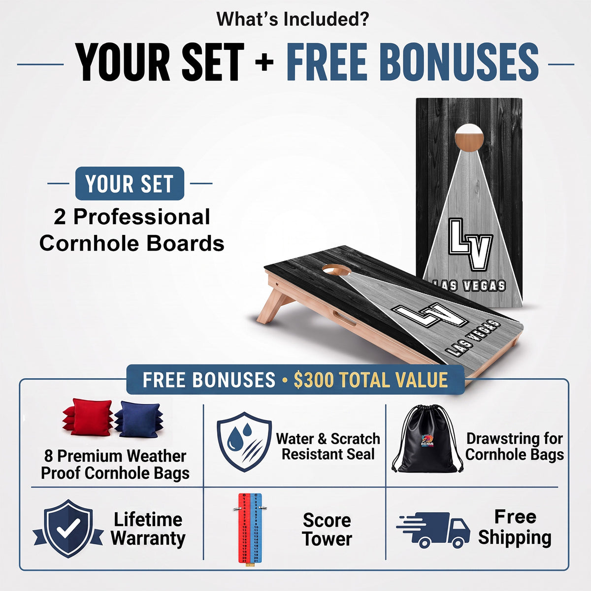 Las Vegas Football Professional cornhole board set and included free bonus accessories.