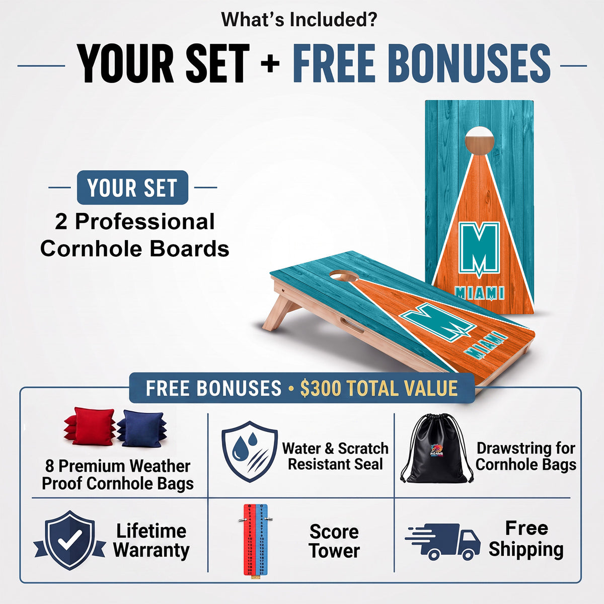 Miami Football Professional cornhole board set and included free bonus accessories.