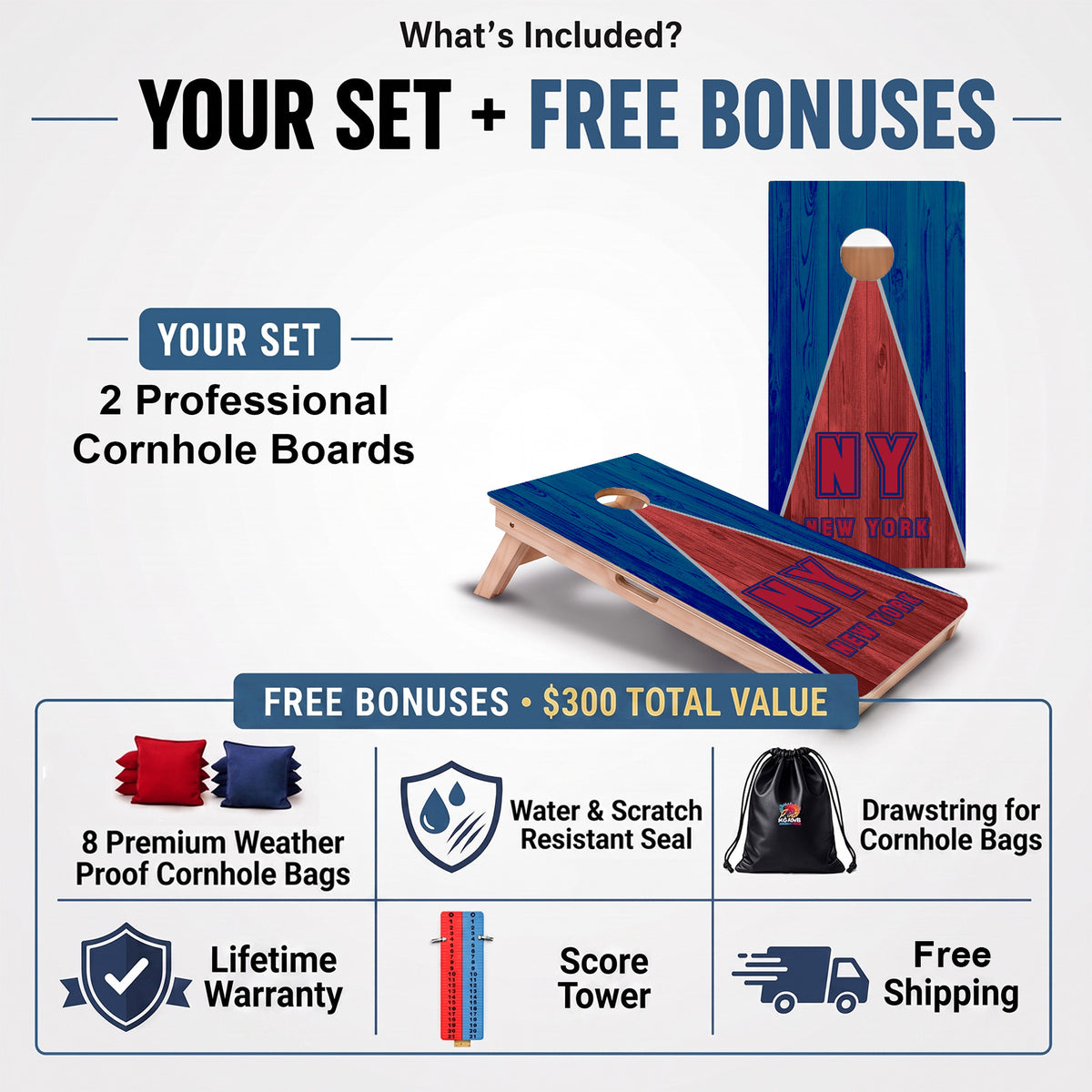 New York Football Professional cornhole board set and included free bonus accessories.