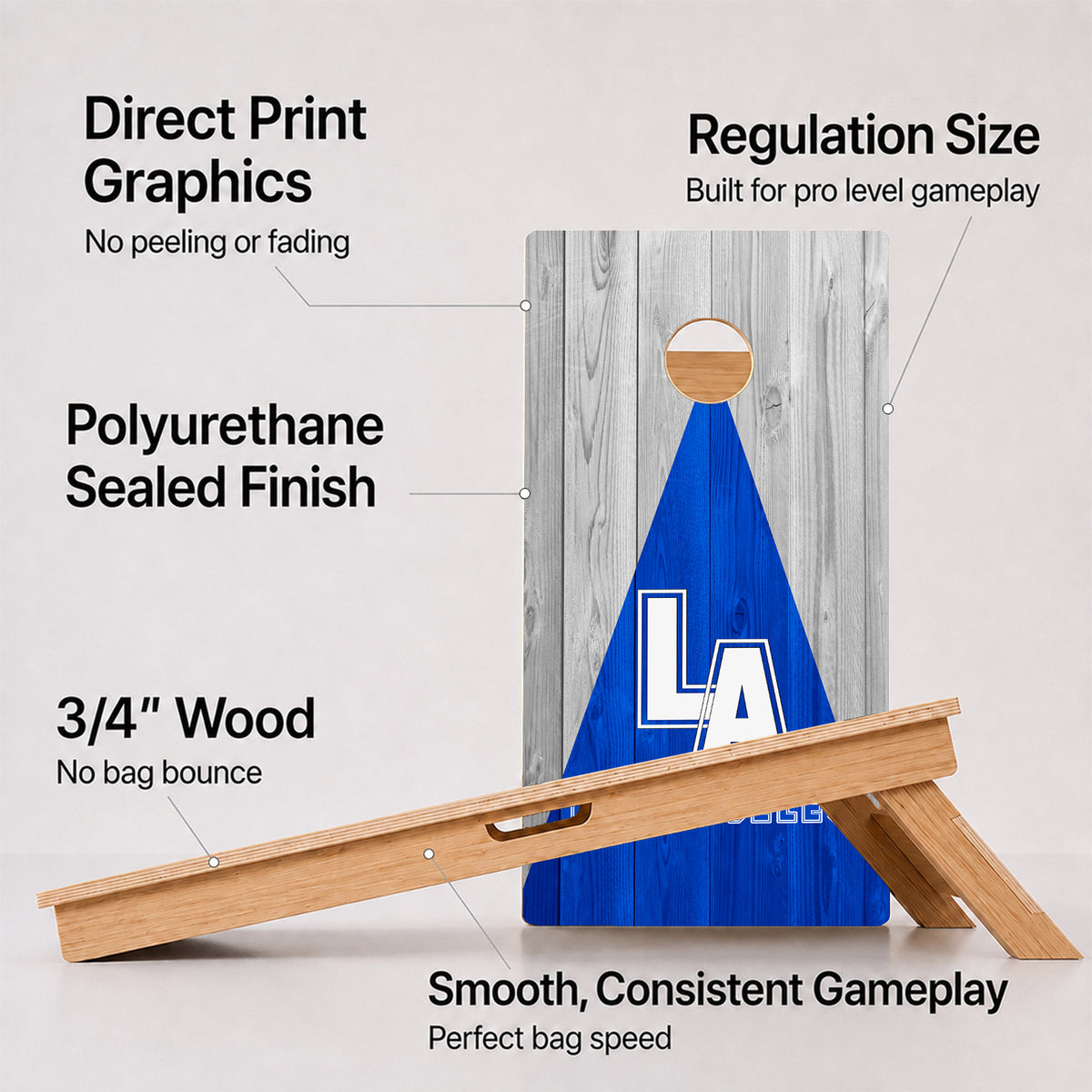 A cornhole Los Angeles Baseball Professional board with feature callouts on a light gray background.