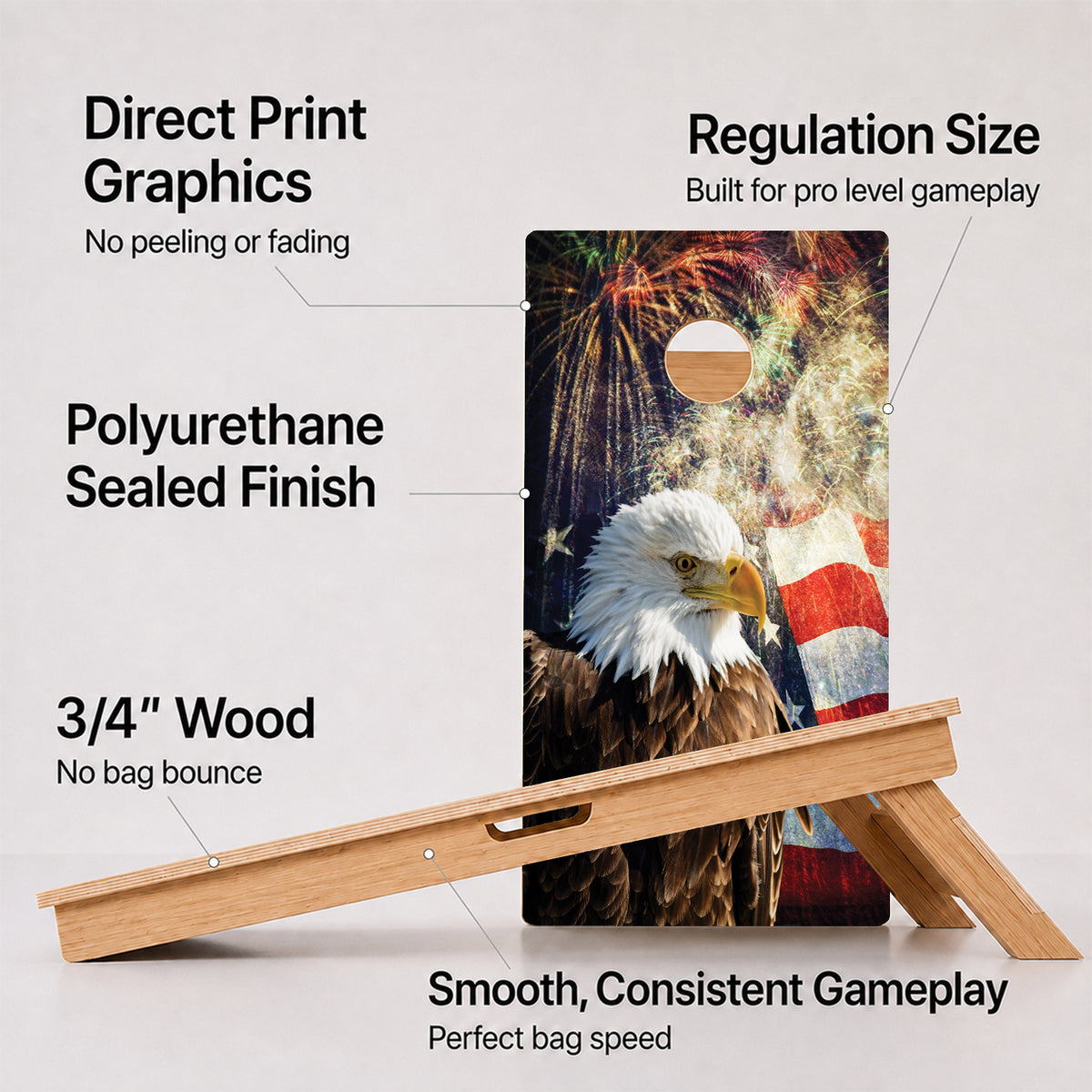 A cornhole Patriotic Bald Eagle board with feature callouts on a light gray background.