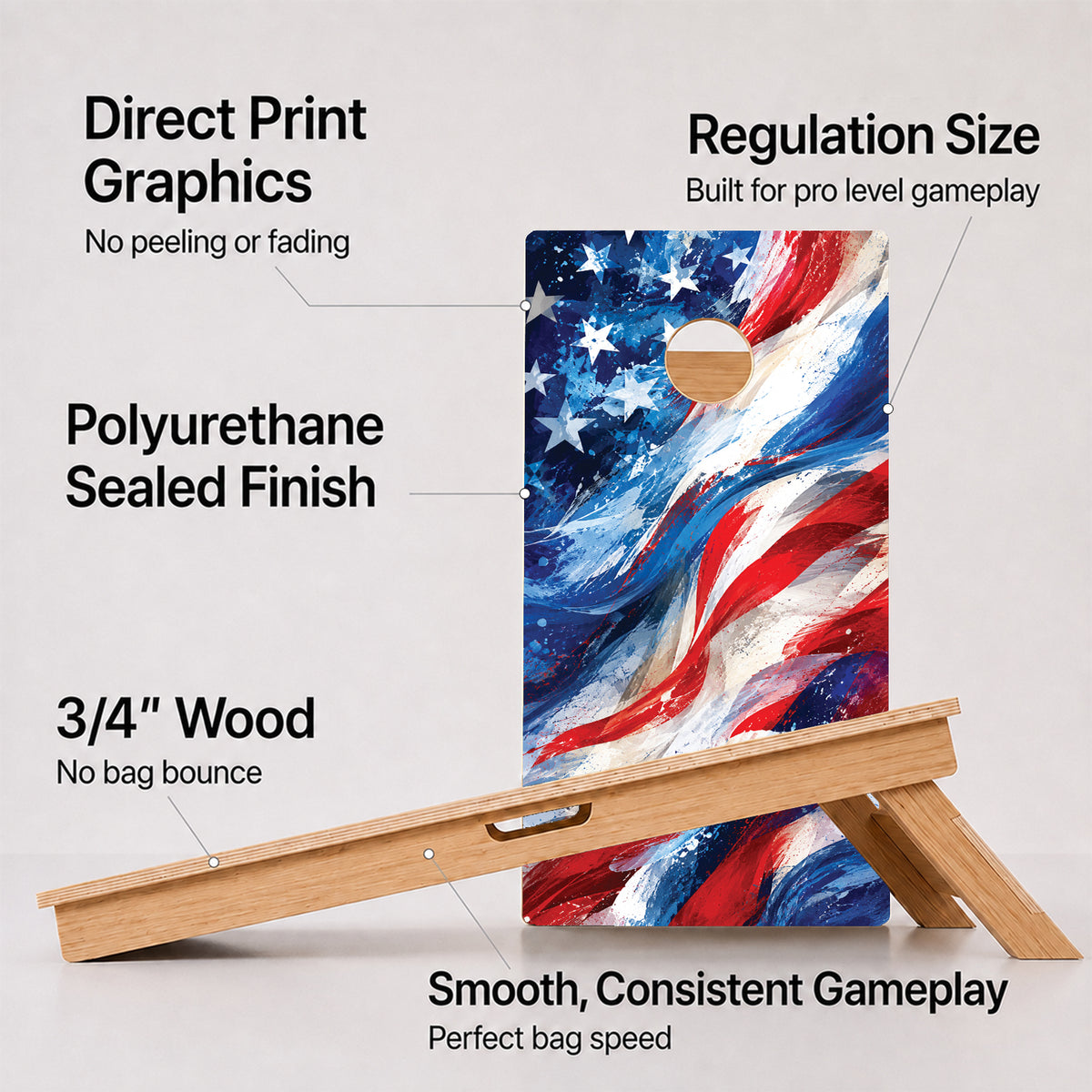 A cornhole American Flag Professional board with feature callouts on a light gray background.