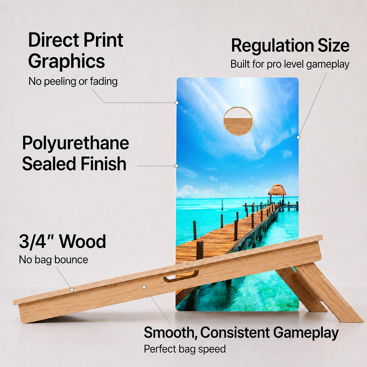 A cornhole Beach Paradise Professional board with feature callouts on a light gray background.