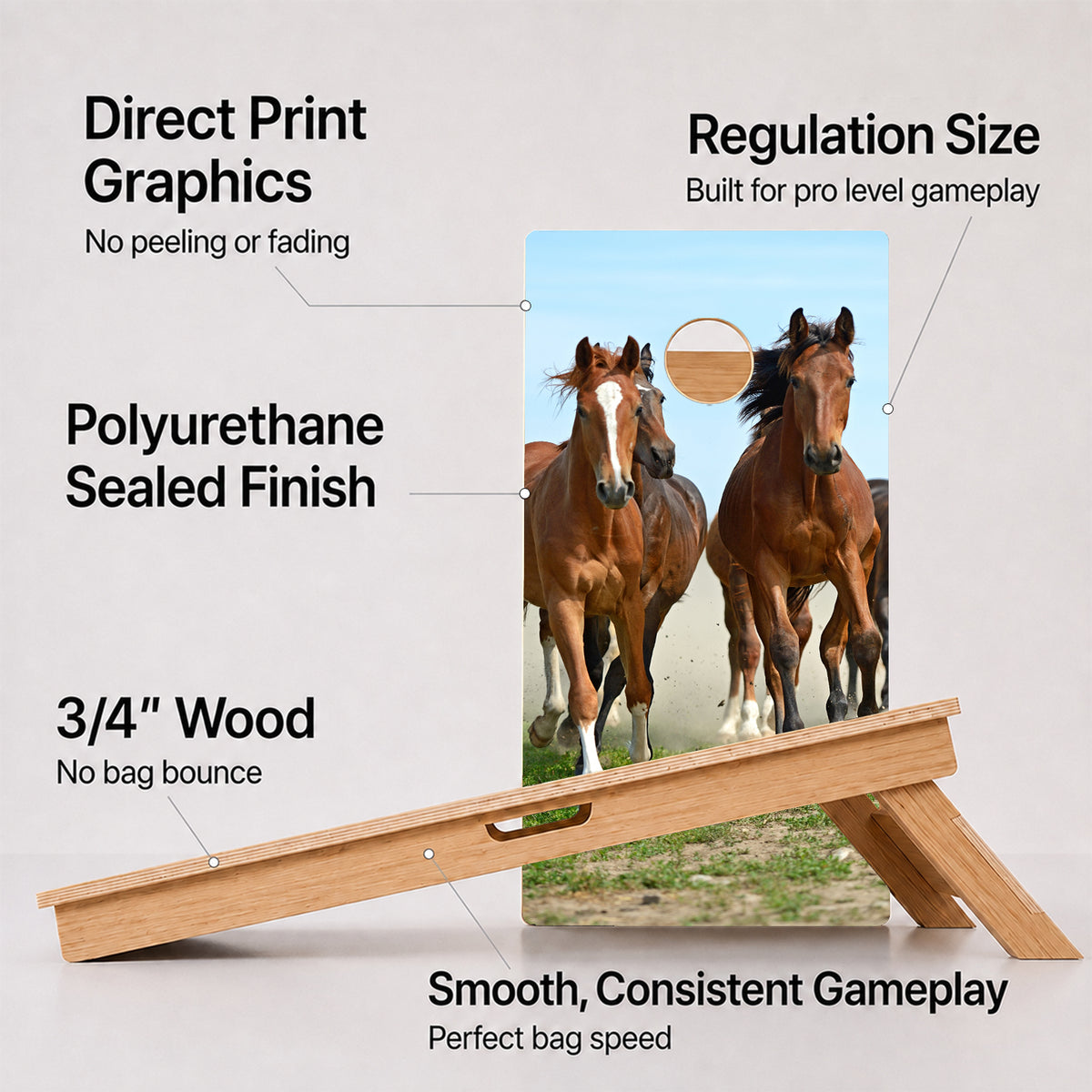 A cornhole Horses Professional board with feature callouts on a light gray background.